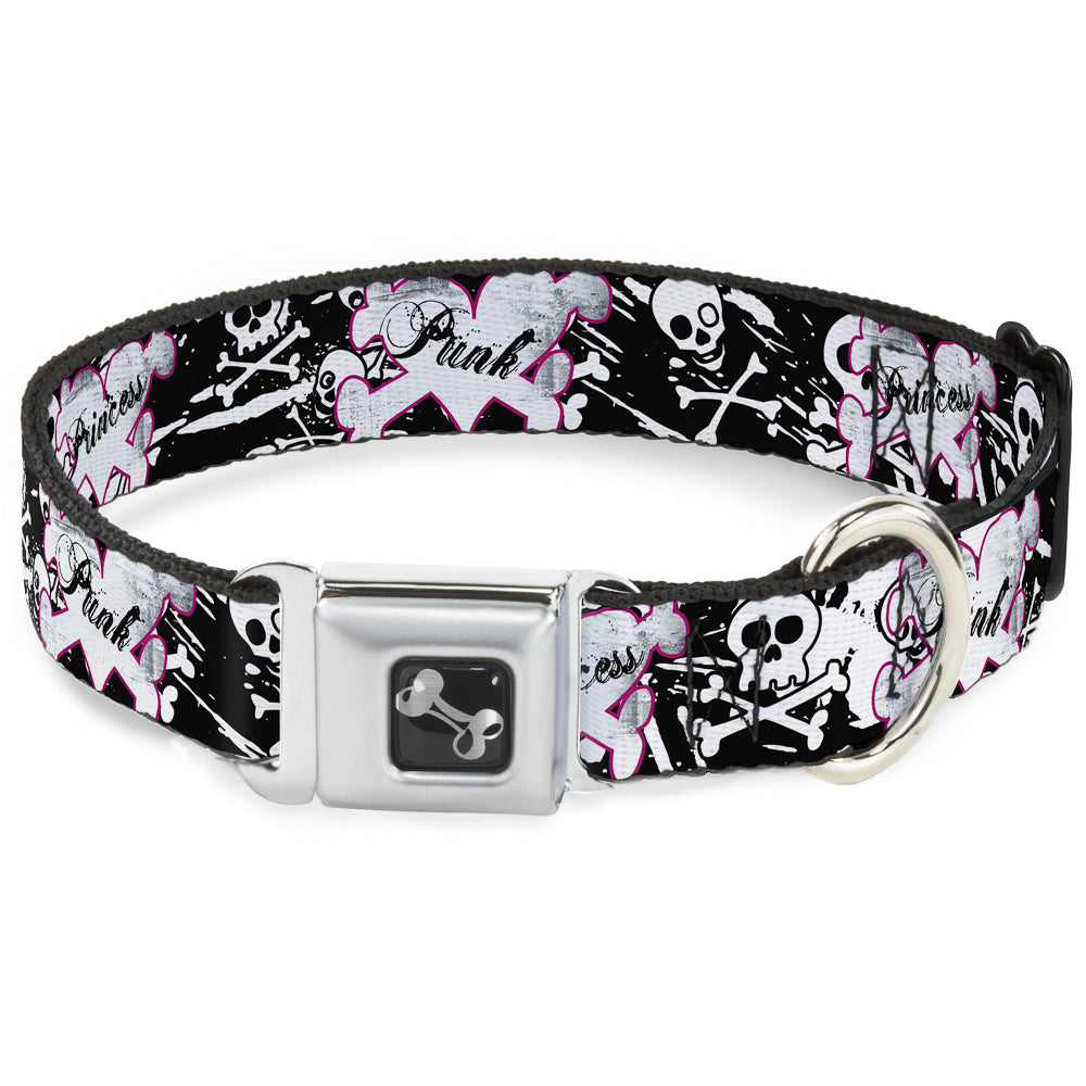 Dog Bone Seatbelt Buckle Collar - Punk Princess Heart & Cross Bones w/Skulls & Splatter Black/White Seatbelt Buckle Collars Buckle-Down