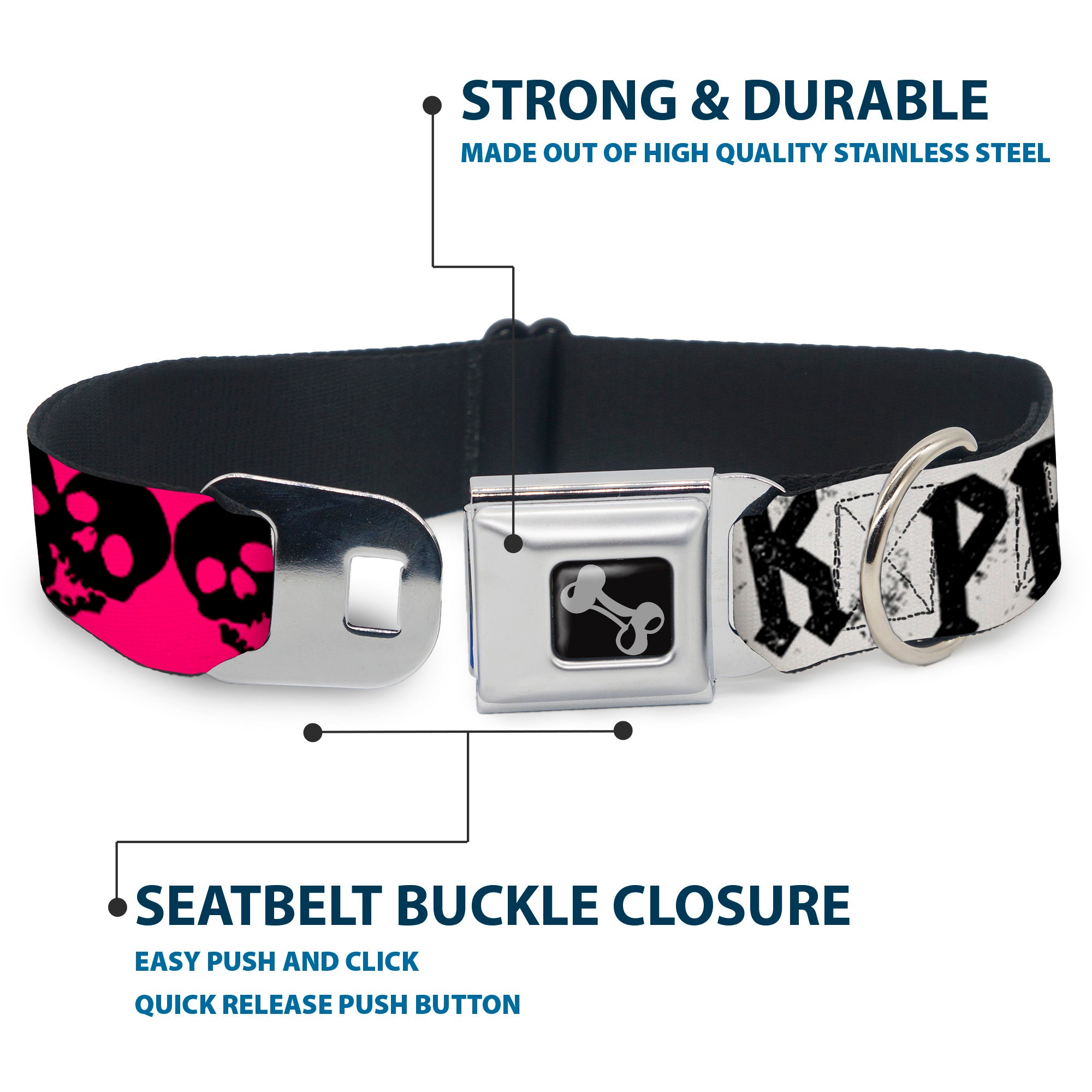 Dog Bone Seatbelt Buckle Collar - Punk Princess w/Zippers & Skulls Seatbelt Buckle Collars Buckle-Down