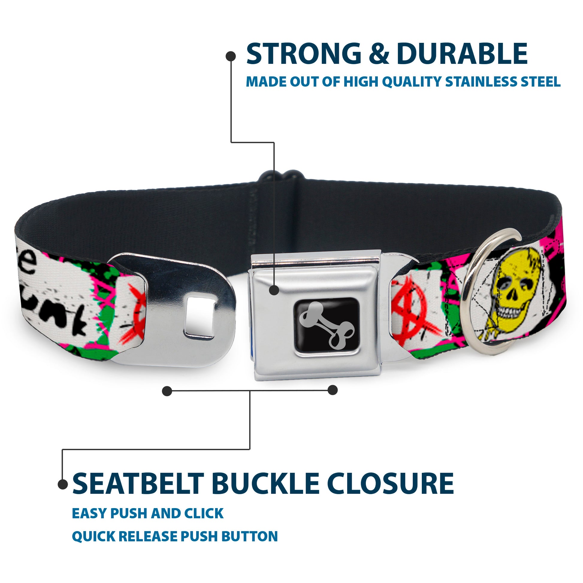 Dog Bone Seatbelt Buckle Collar - Pure Punk w/Safety Pins Black/Fuchsia/White Seatbelt Buckle Collars Buckle-Down