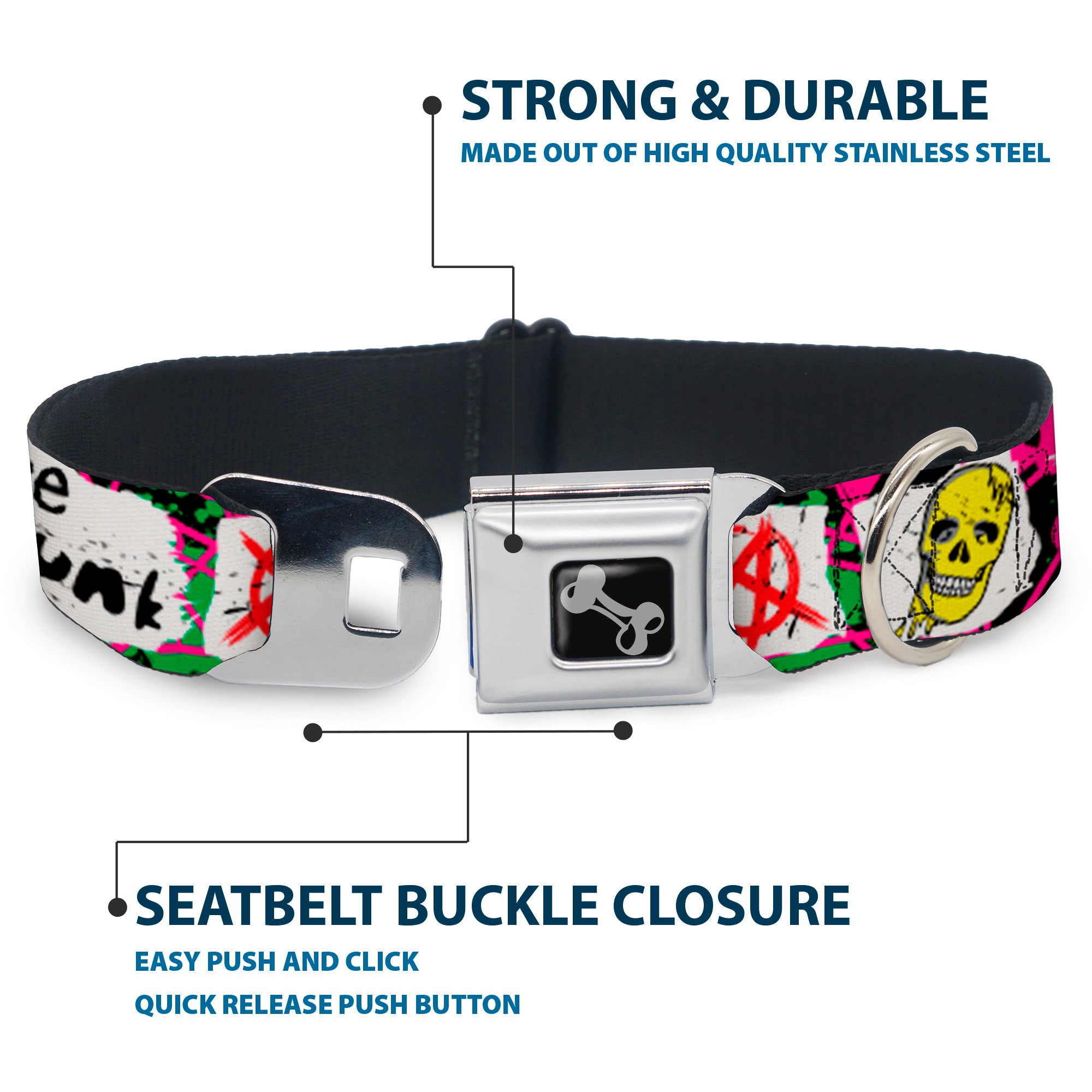 Dog Bone Seatbelt Buckle Collar - Pure Punk w/Safety Pins Black/Fuchsia/White Seatbelt Buckle Collars Buckle-Down