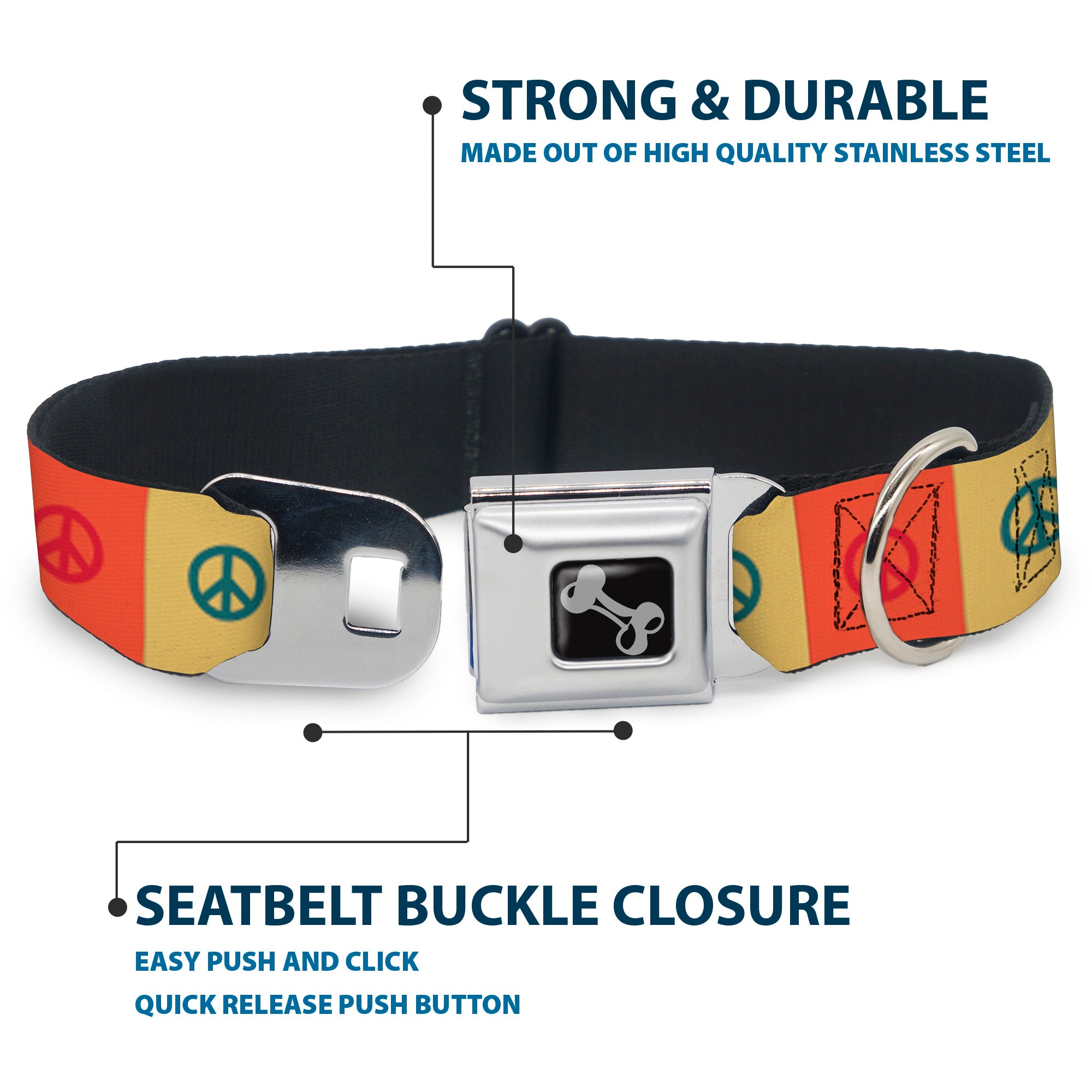 Dog Bone Seatbelt Buckle Collar - Peace Blocks Red/Yellow/Blue Seatbelt Buckle Collars Buckle-Down