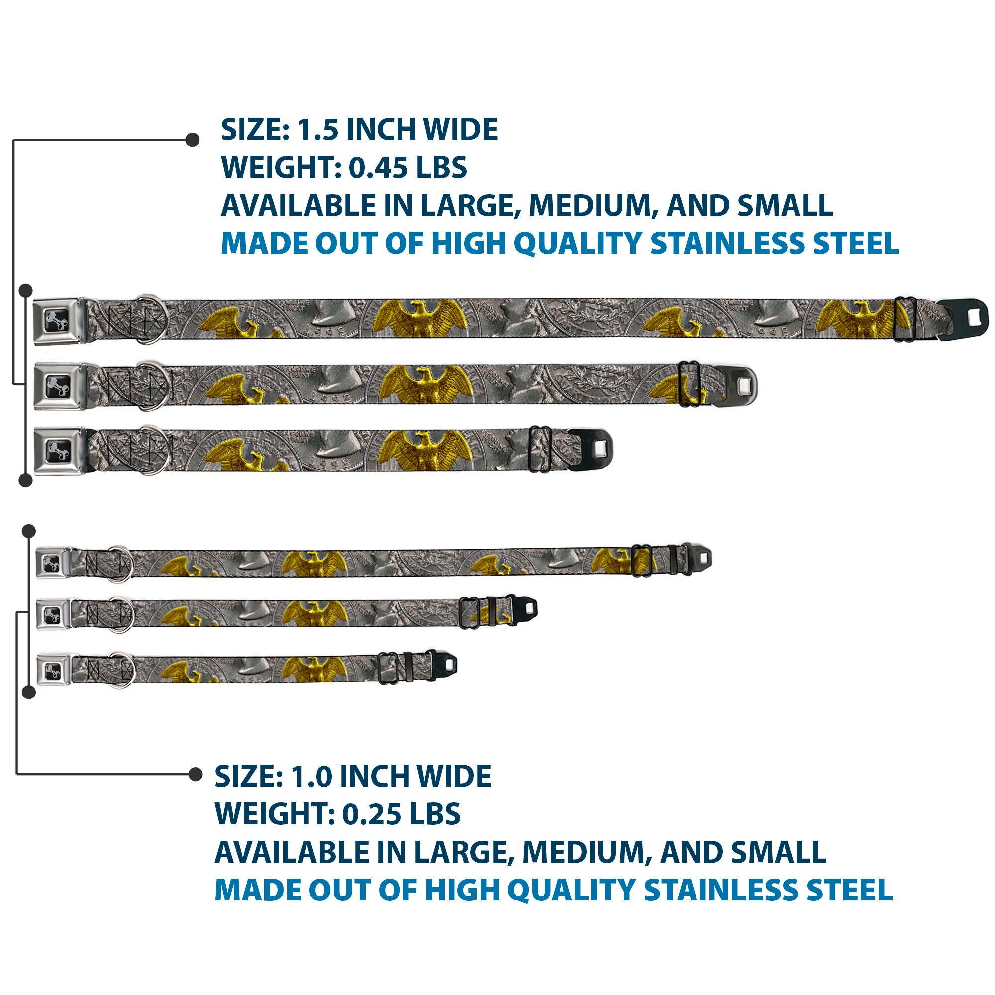 Dog Bone Black/Silver Seatbelt Buckle Collar - Quarter Coins Stacked Silvery Gray/Golden Yellow Seatbelt Buckle Collars Buckle-Down
