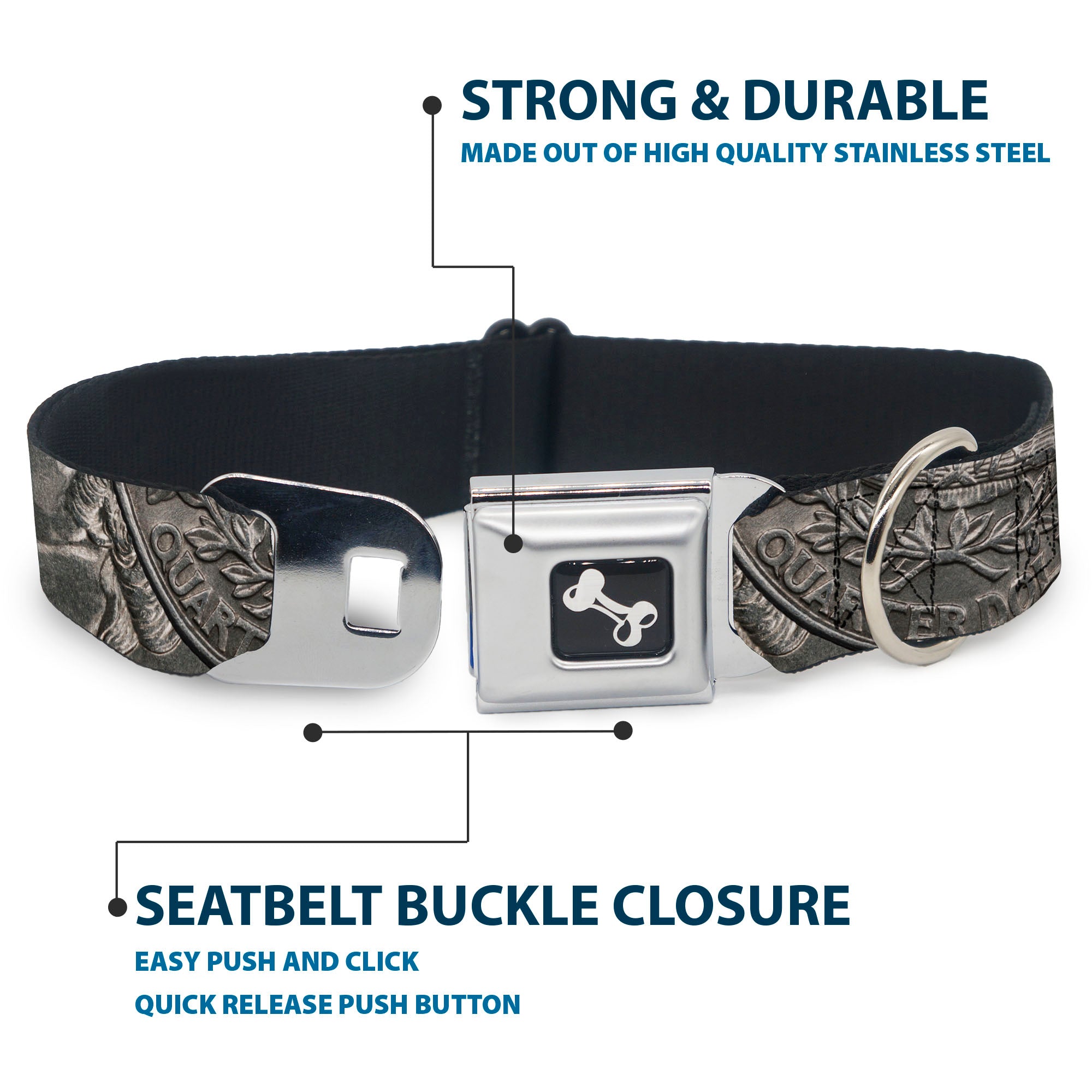 Dog Bone Black/Silver Seatbelt Buckle Collar - Quarter Coins Stacked Silvery Gray/Golden Yellow Seatbelt Buckle Collars Buckle-Down