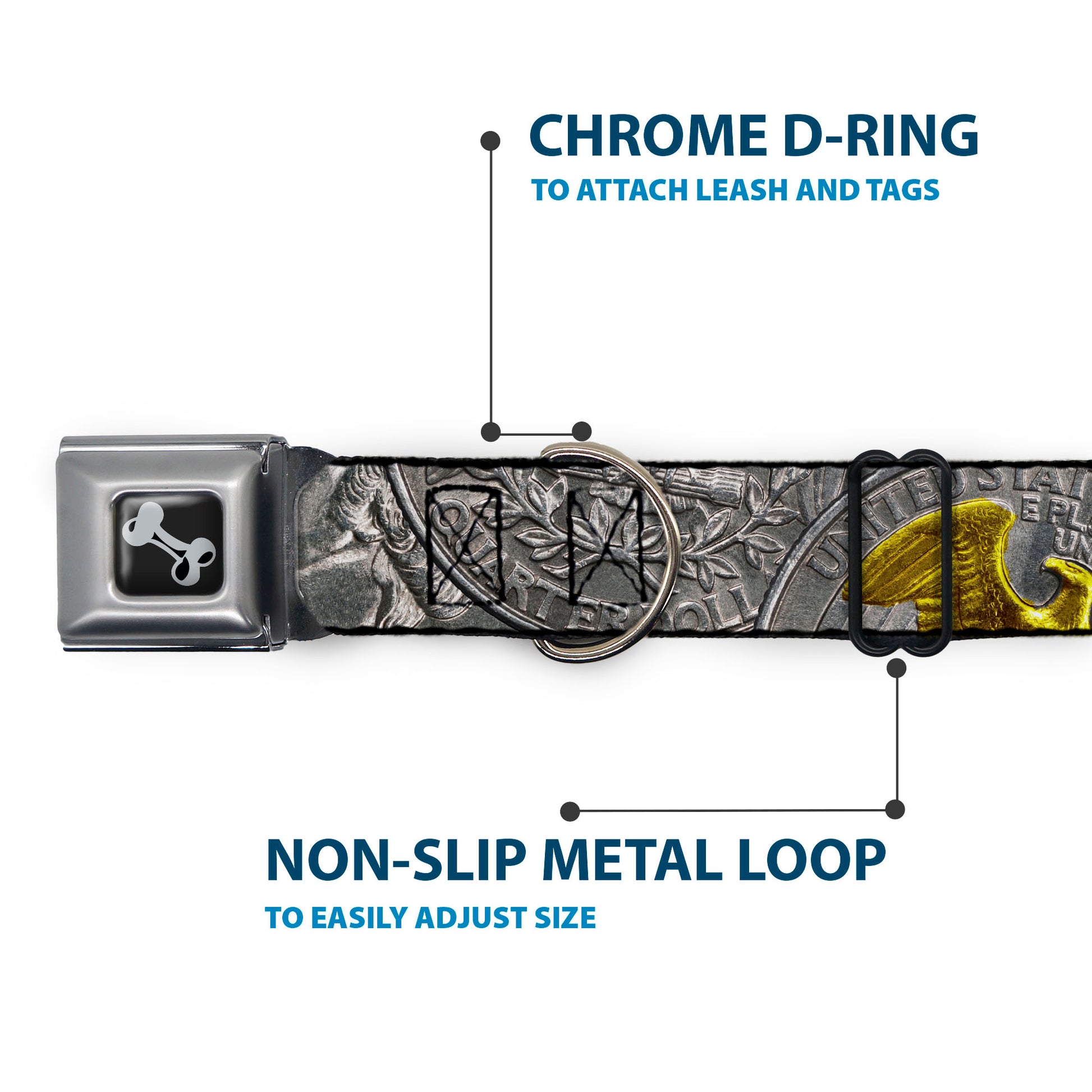 Dog Bone Black/Silver Seatbelt Buckle Collar - Quarter Coins Stacked Silvery Gray/Golden Yellow Seatbelt Buckle Collars Buckle-Down