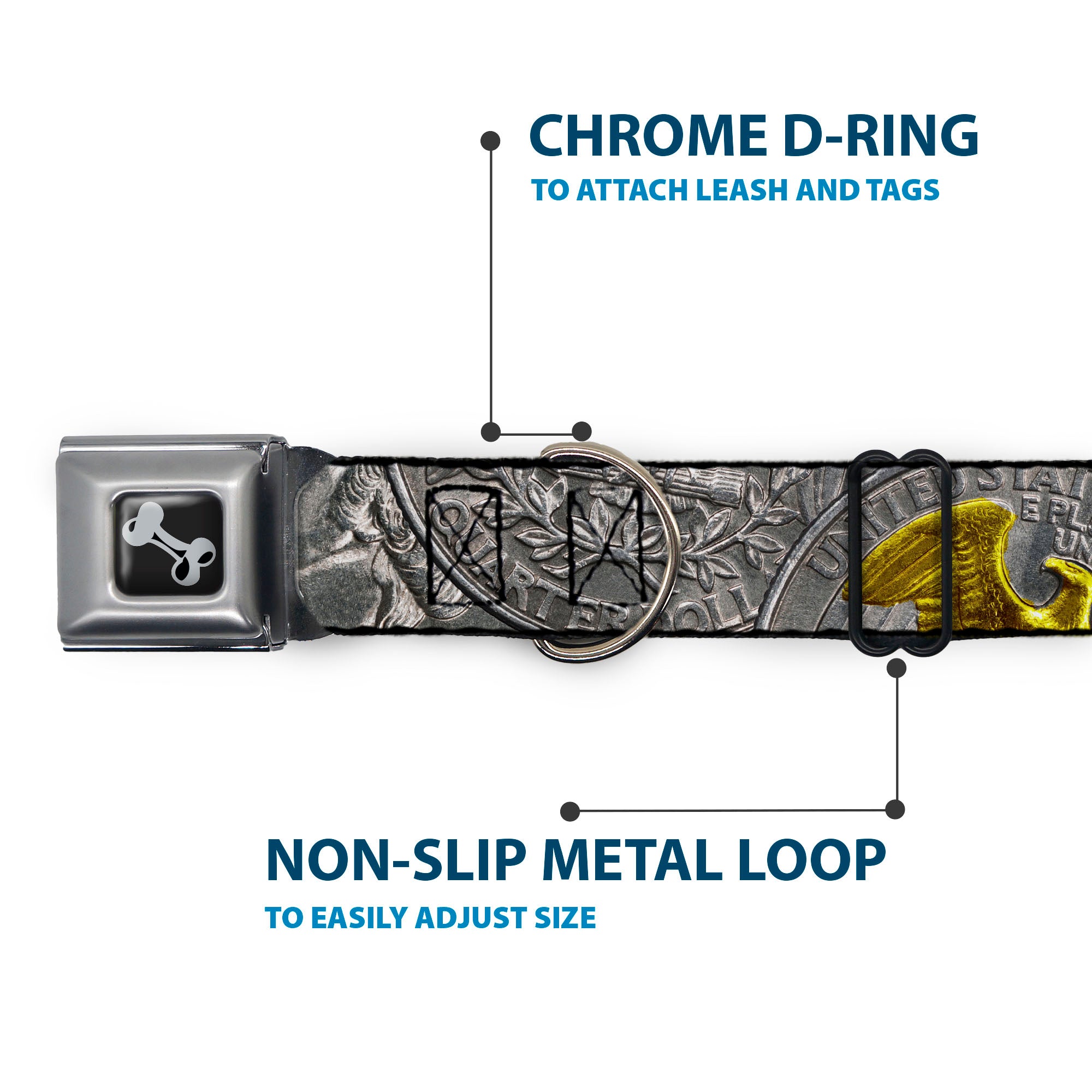 Dog Bone Black/Silver Seatbelt Buckle Collar - Quarter Coins Stacked Silvery Gray/Golden Yellow Seatbelt Buckle Collars Buckle-Down