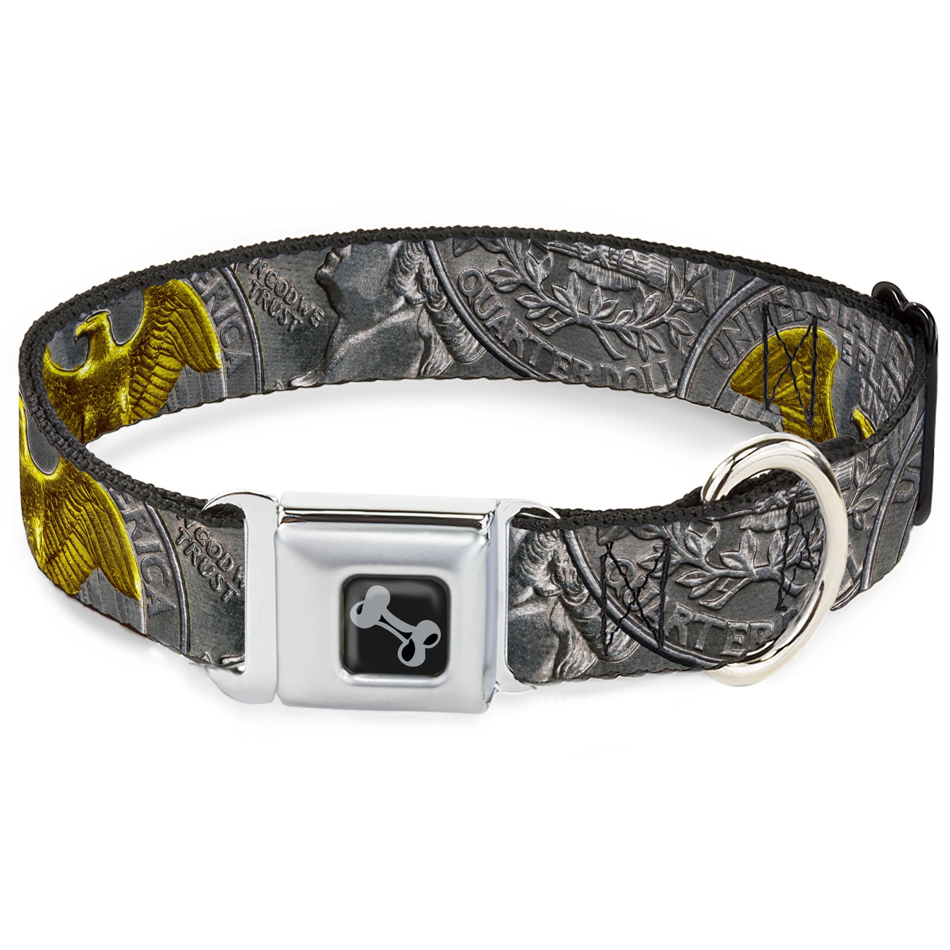 Dog Bone Black/Silver Seatbelt Buckle Collar - Quarter Coins Stacked Silvery Gray/Golden Yellow Seatbelt Buckle Collars Buckle-Down