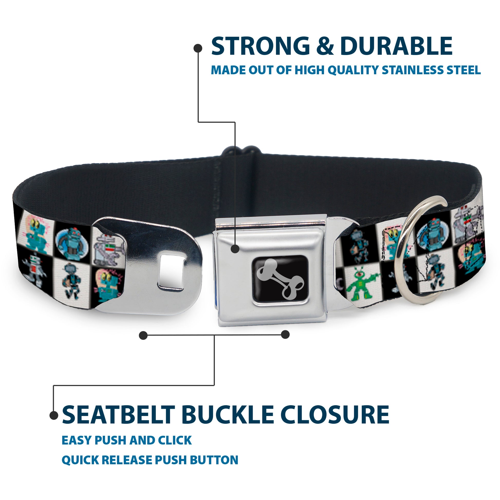 Dog Bone Seatbelt Buckle Collar - Robot Checkers Black/White Seatbelt Buckle Collars Buckle-Down