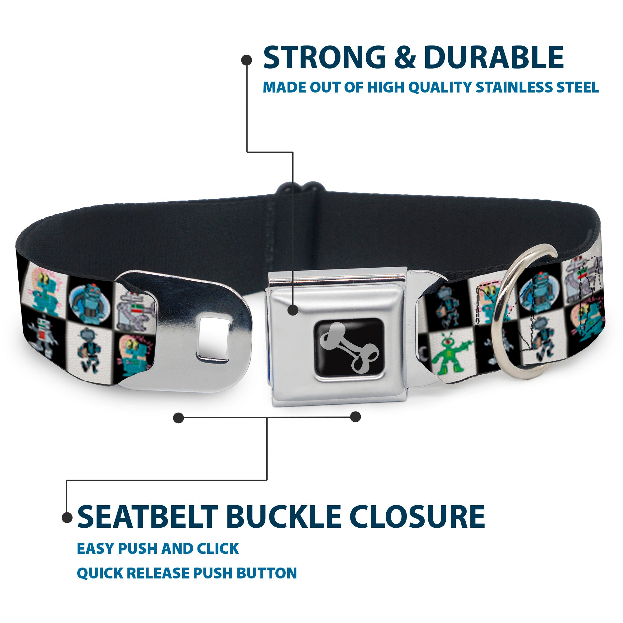Dog Bone Seatbelt Buckle Collar - Robot Checkers Black/White Seatbelt Buckle Collars Buckle-Down