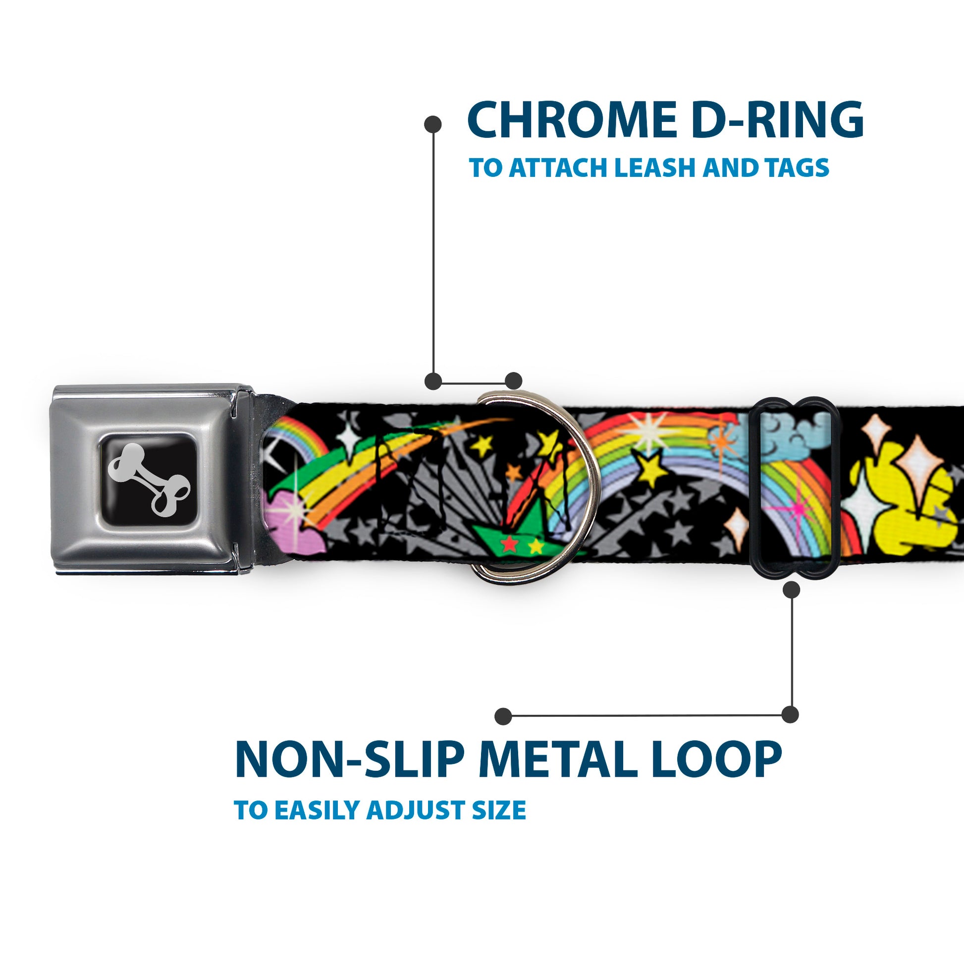 Dog Bone Seatbelt Buckle Collar - Rainbow Cloud Stars Black Seatbelt Buckle Collars Buckle-Down