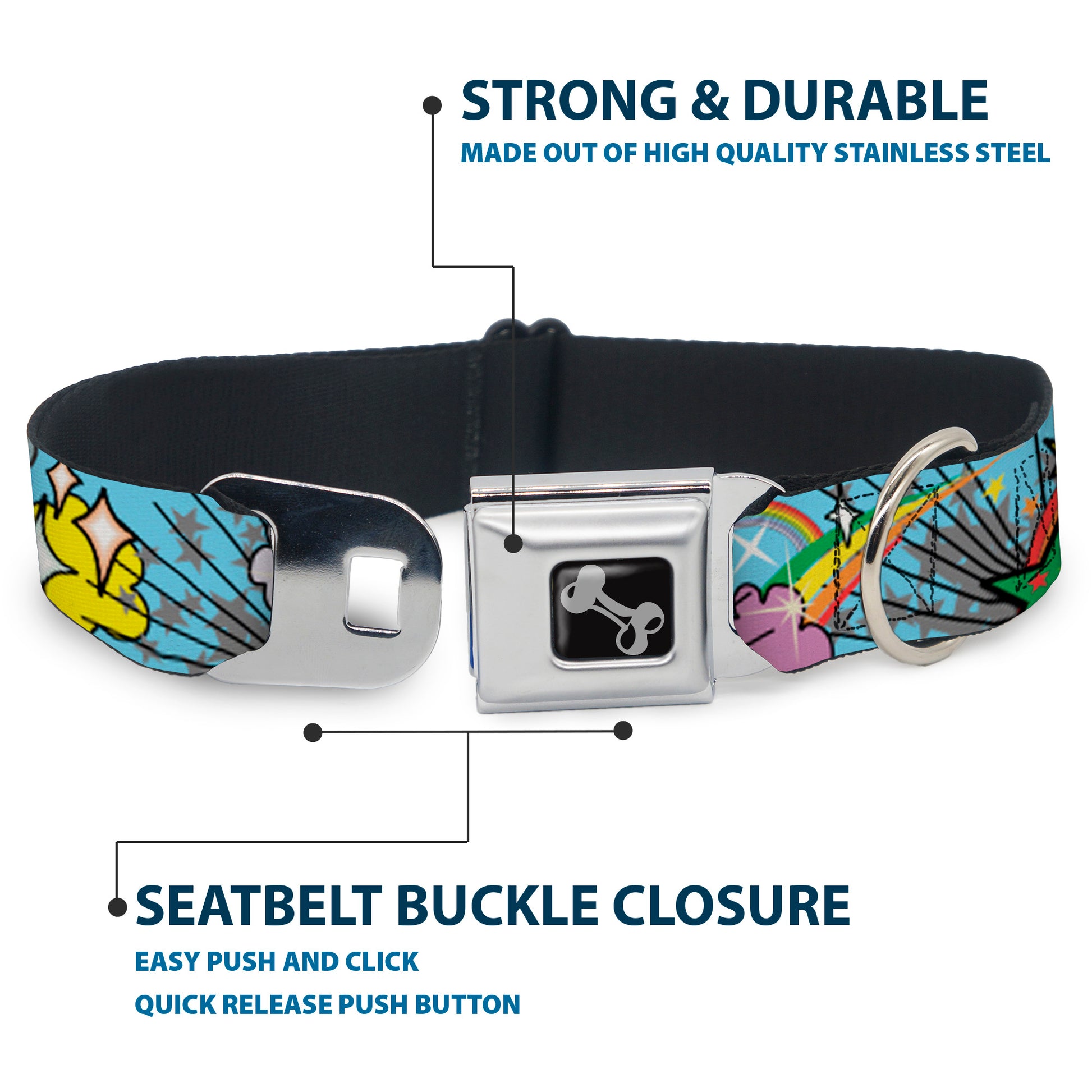Dog Bone Seatbelt Buckle Collar - Rainbow Cloud Stars Baby Blue Seatbelt Buckle Collars Buckle-Down