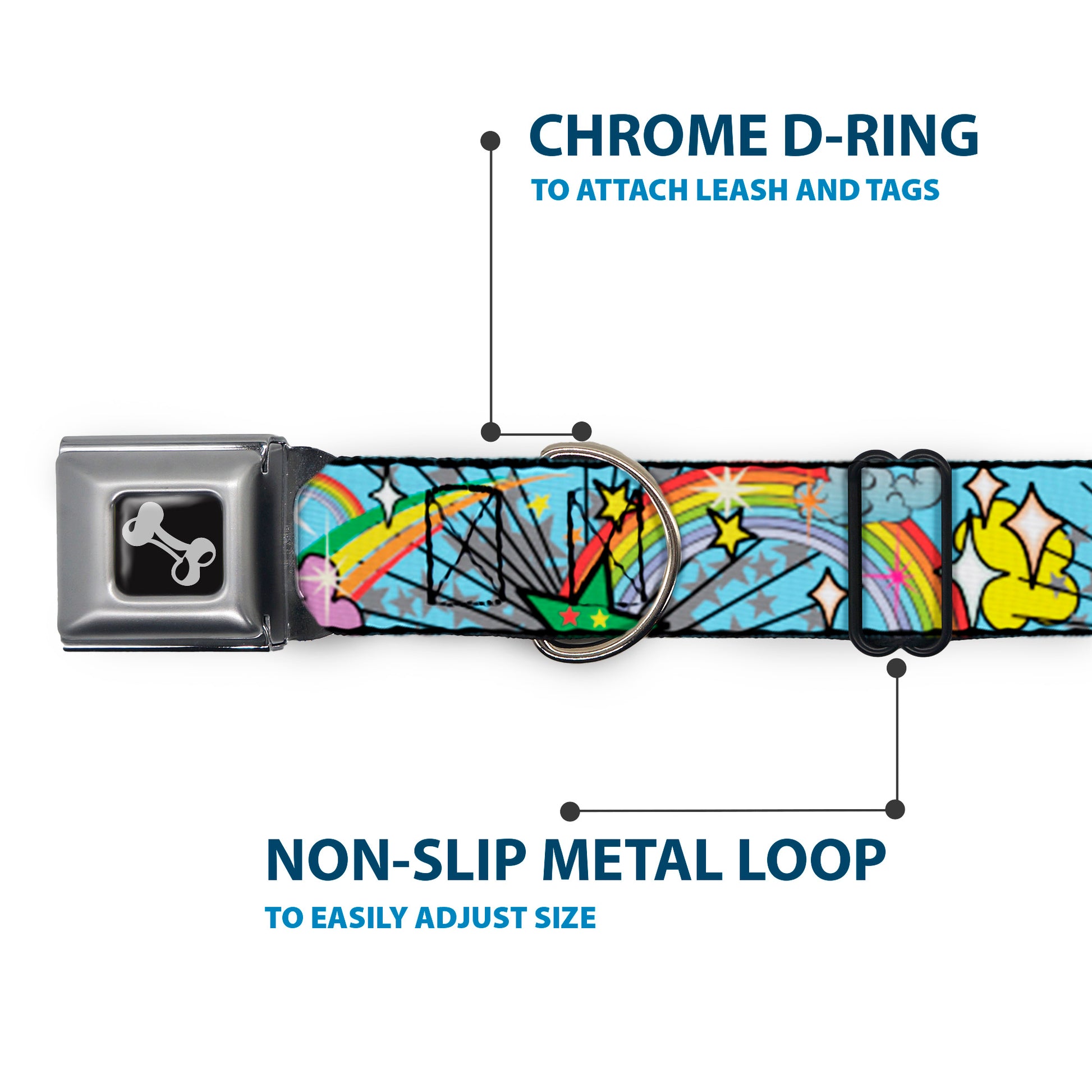 Dog Bone Seatbelt Buckle Collar - Rainbow Cloud Stars Baby Blue Seatbelt Buckle Collars Buckle-Down