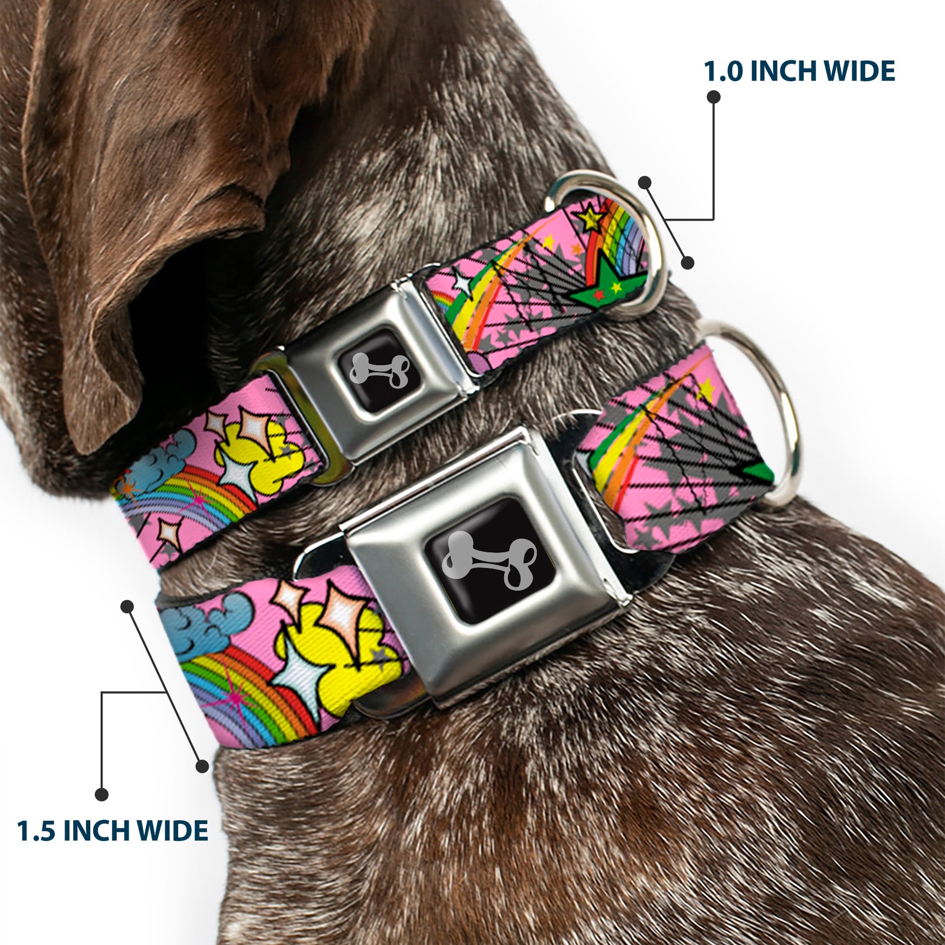 Dog Bone Seatbelt Buckle Collar - Rainbow Cloud Stars Pink Seatbelt Buckle Collars Buckle-Down