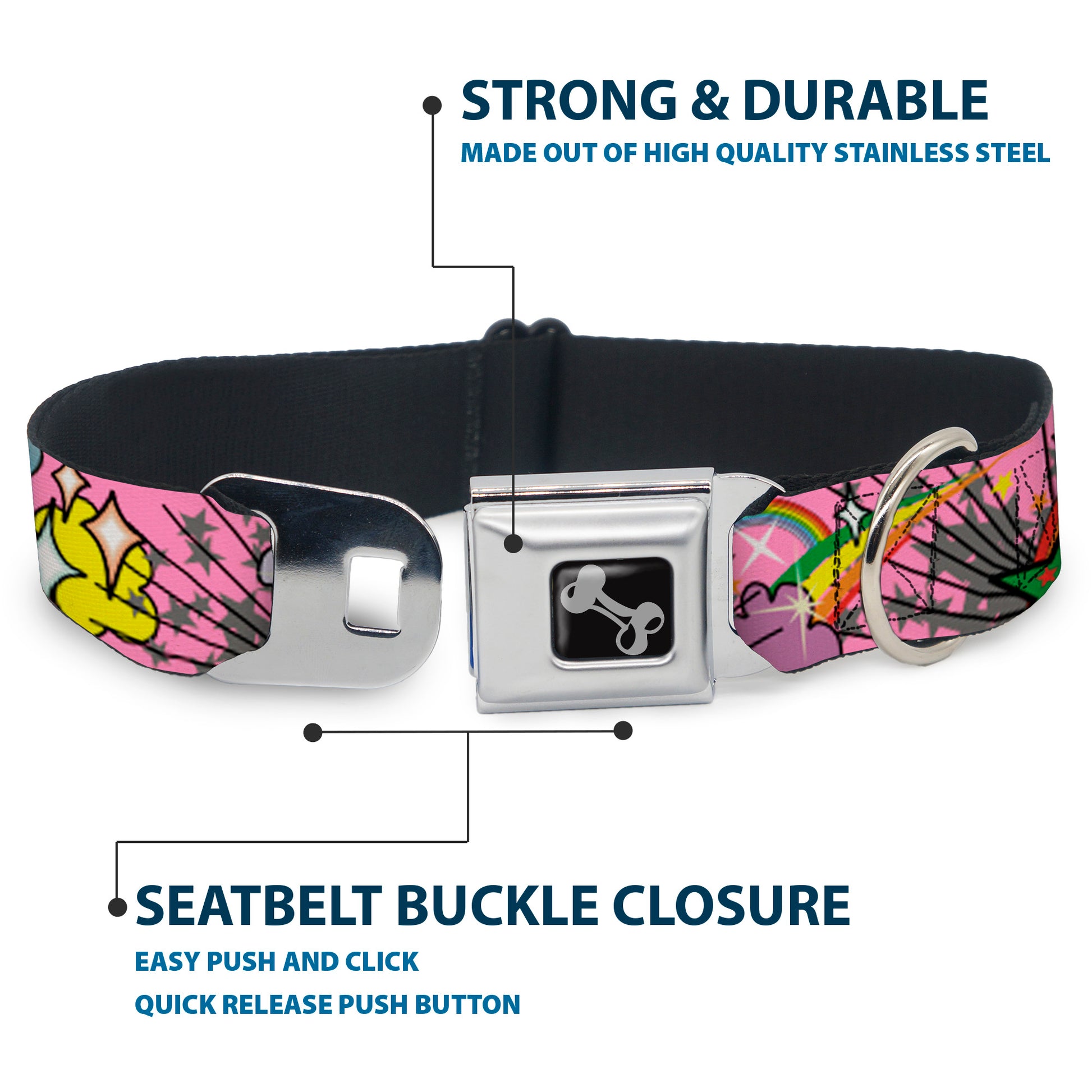 Dog Bone Seatbelt Buckle Collar - Rainbow Cloud Stars Pink Seatbelt Buckle Collars Buckle-Down