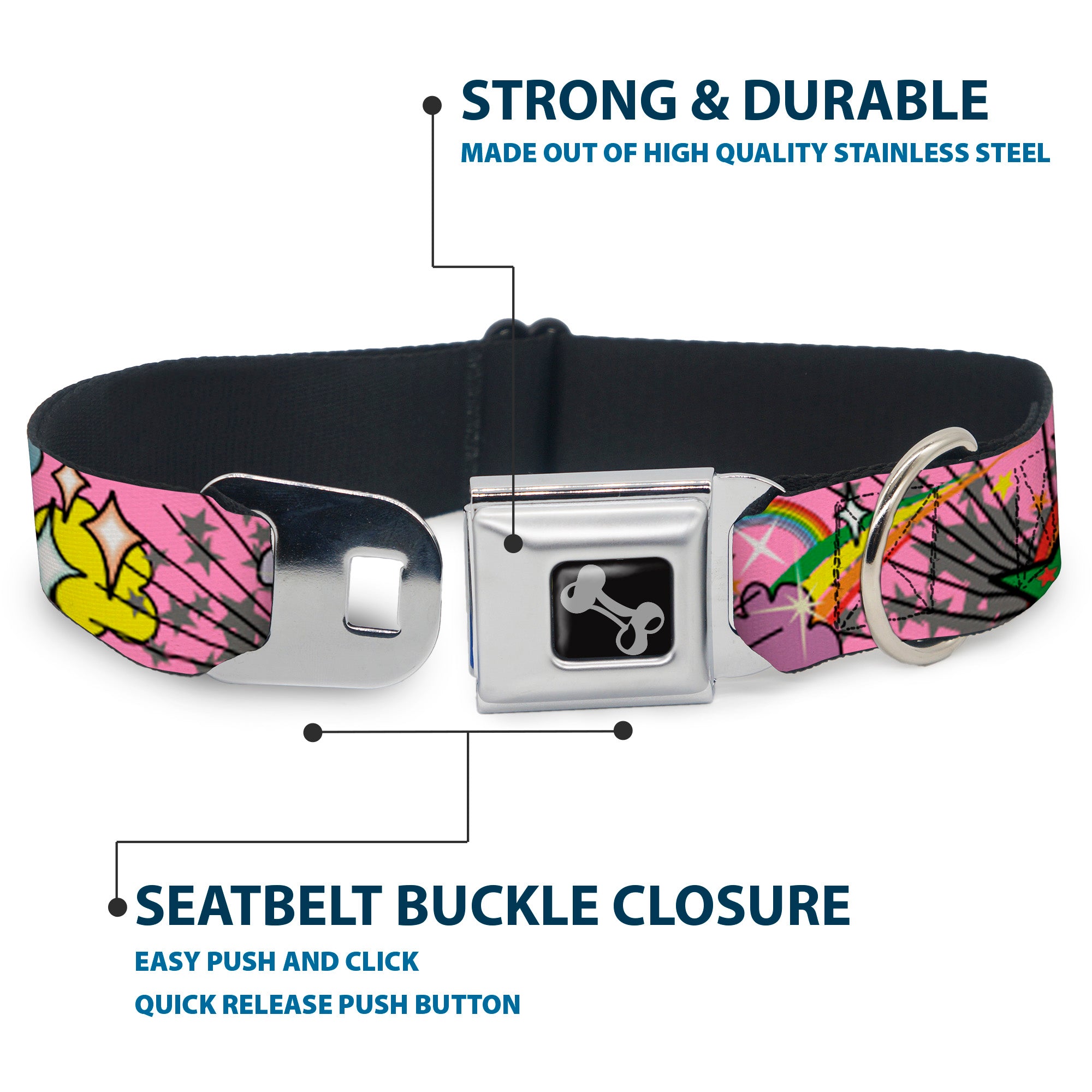 Dog Bone Seatbelt Buckle Collar - Rainbow Cloud Stars Pink Seatbelt Buckle Collars Buckle-Down