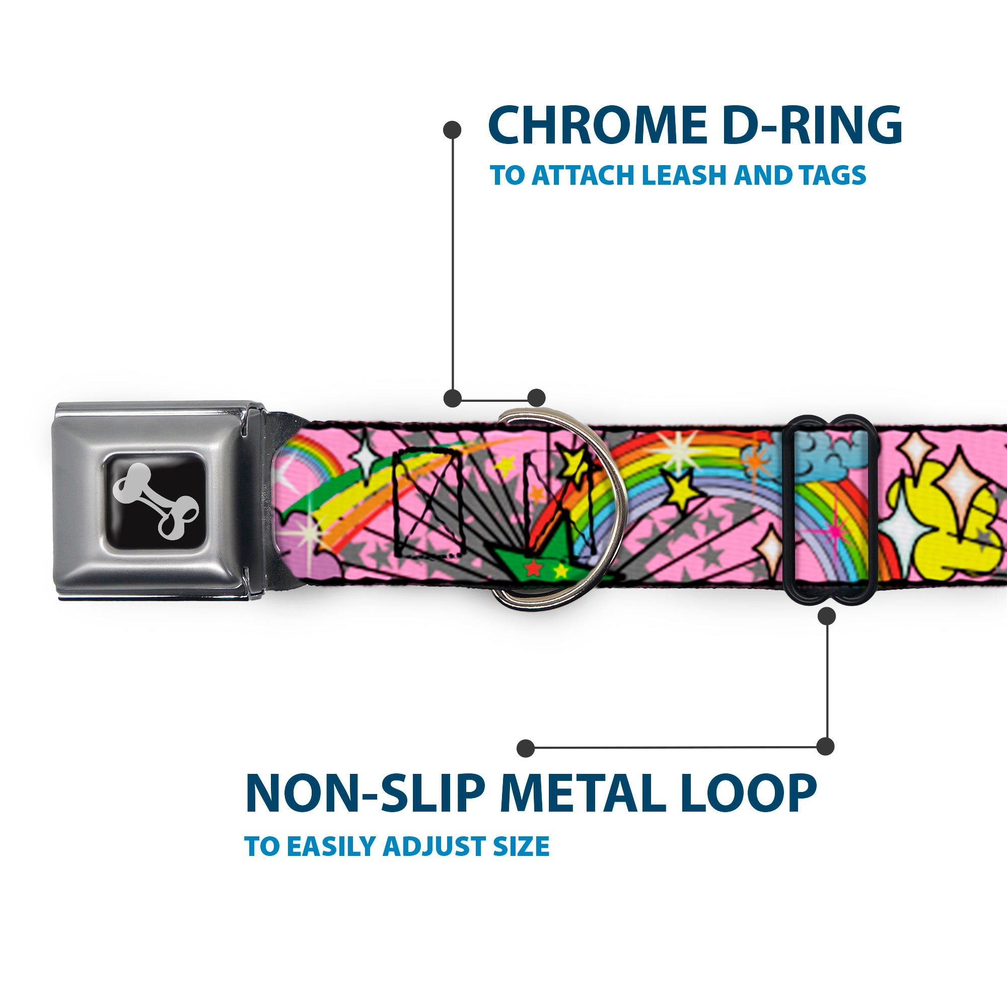 Dog Bone Seatbelt Buckle Collar - Rainbow Cloud Stars Pink Seatbelt Buckle Collars Buckle-Down