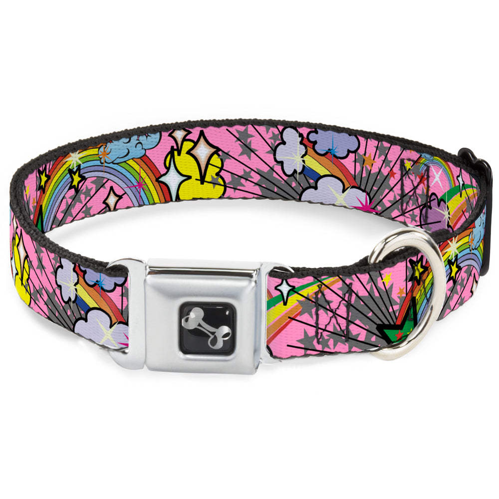 Dog Bone Seatbelt Buckle Collar - Rainbow Cloud Stars Pink Seatbelt Buckle Collars Buckle-Down