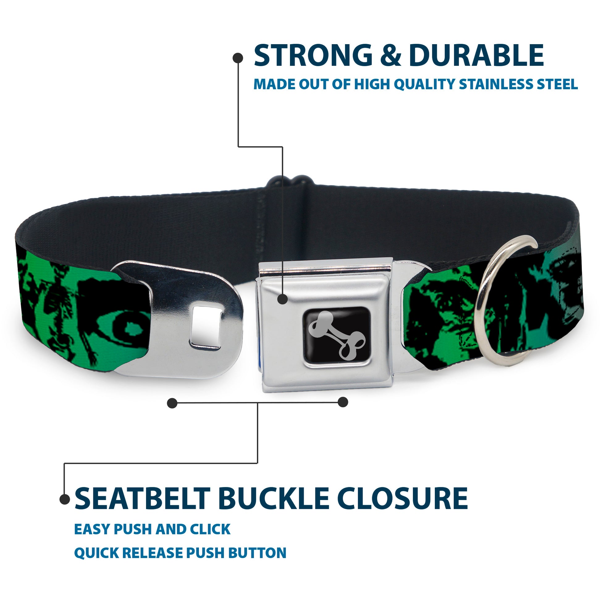 Dog Bone Seatbelt Buckle Collar - Retro Monster Aqua/Black Seatbelt Buckle Collars Buckle-Down