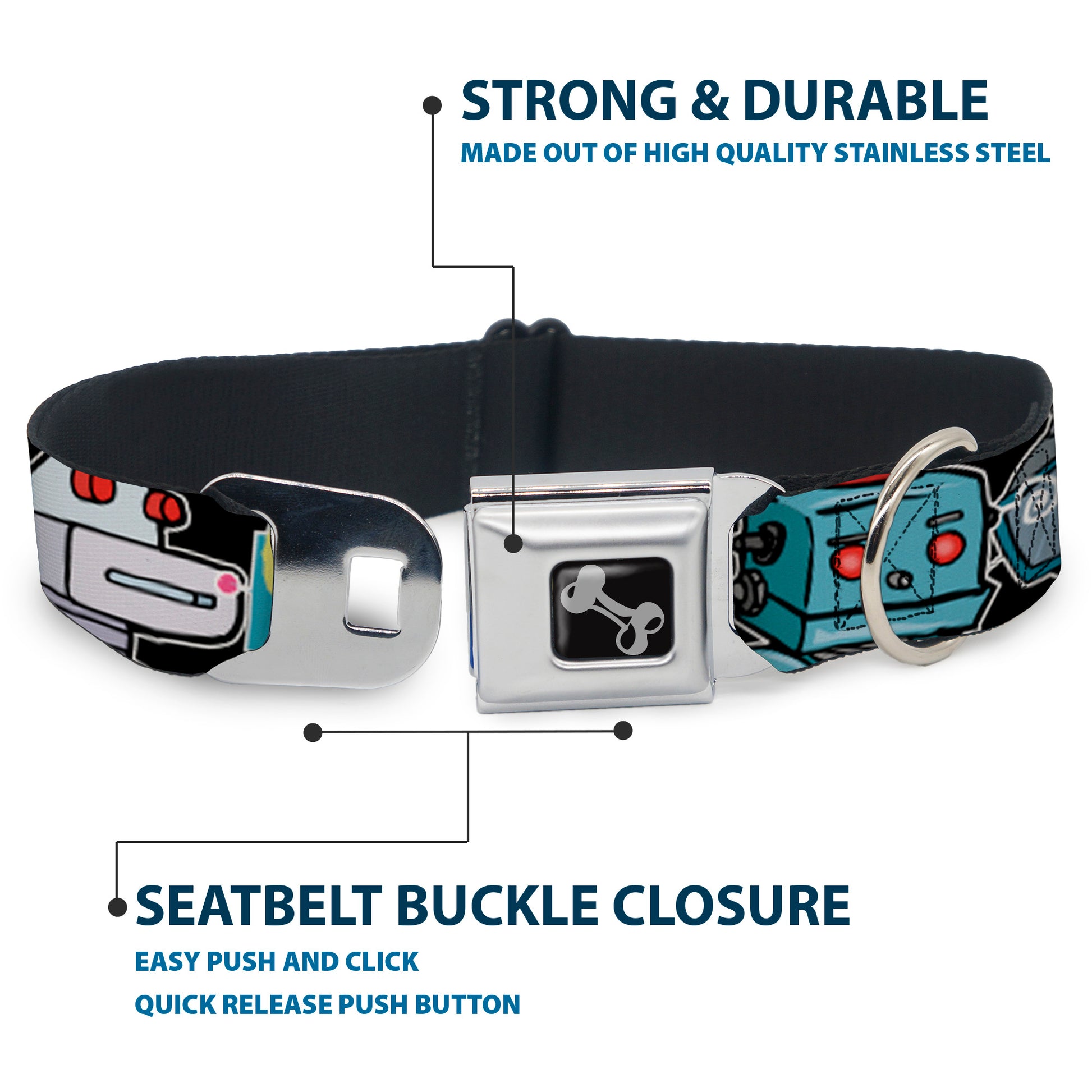 Dog Bone Seatbelt Buckle Collar - Robots CLOSE-UP Black Seatbelt Buckle Collars Buckle-Down