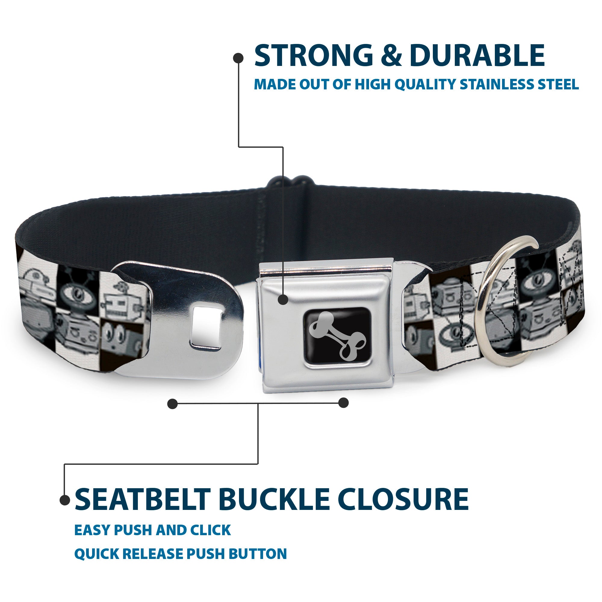 Dog Bone Seatbelt Buckle Collar - Robot Heads Checkers Black/White Seatbelt Buckle Collars Buckle-Down