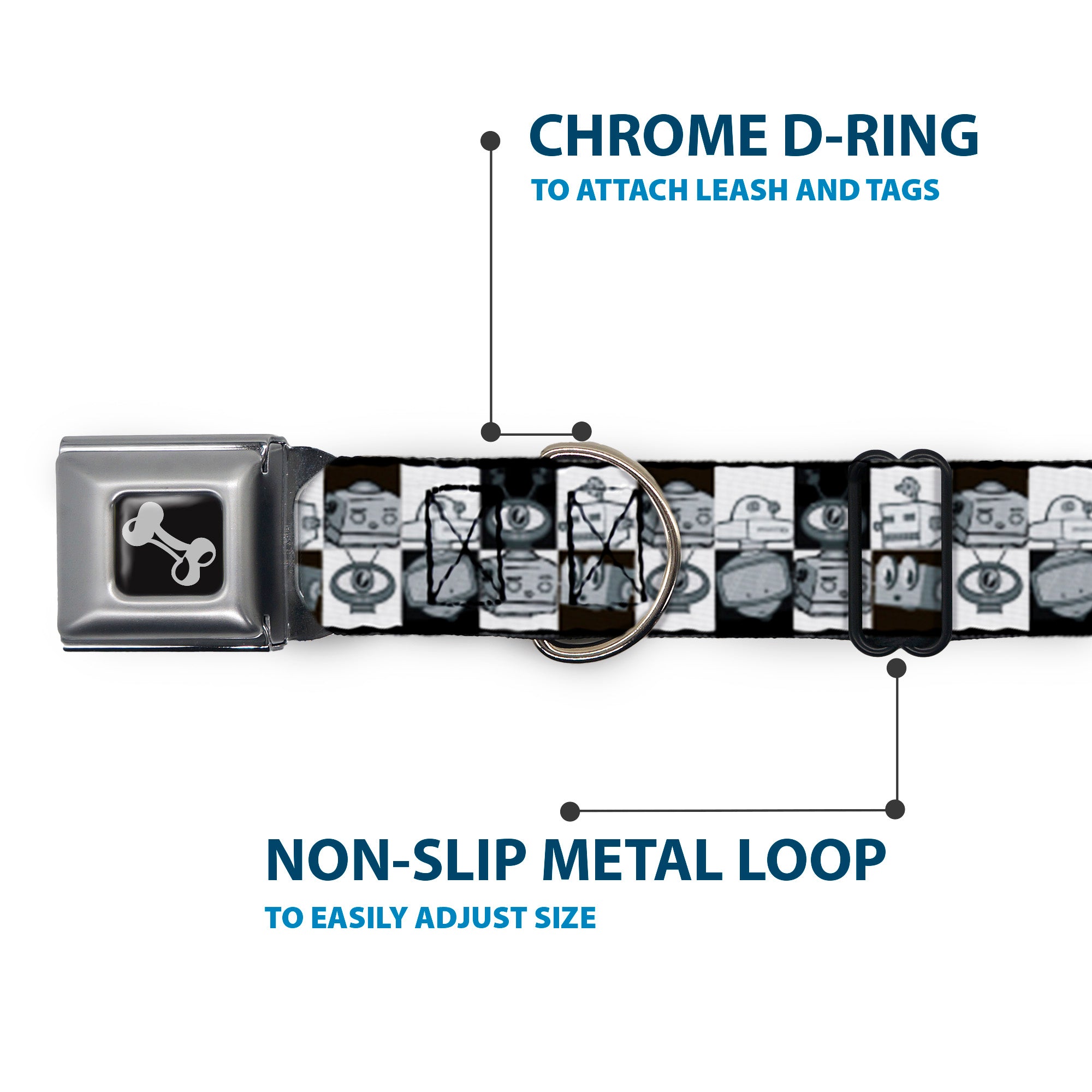 Dog Bone Seatbelt Buckle Collar - Robot Heads Checkers Black/White Seatbelt Buckle Collars Buckle-Down