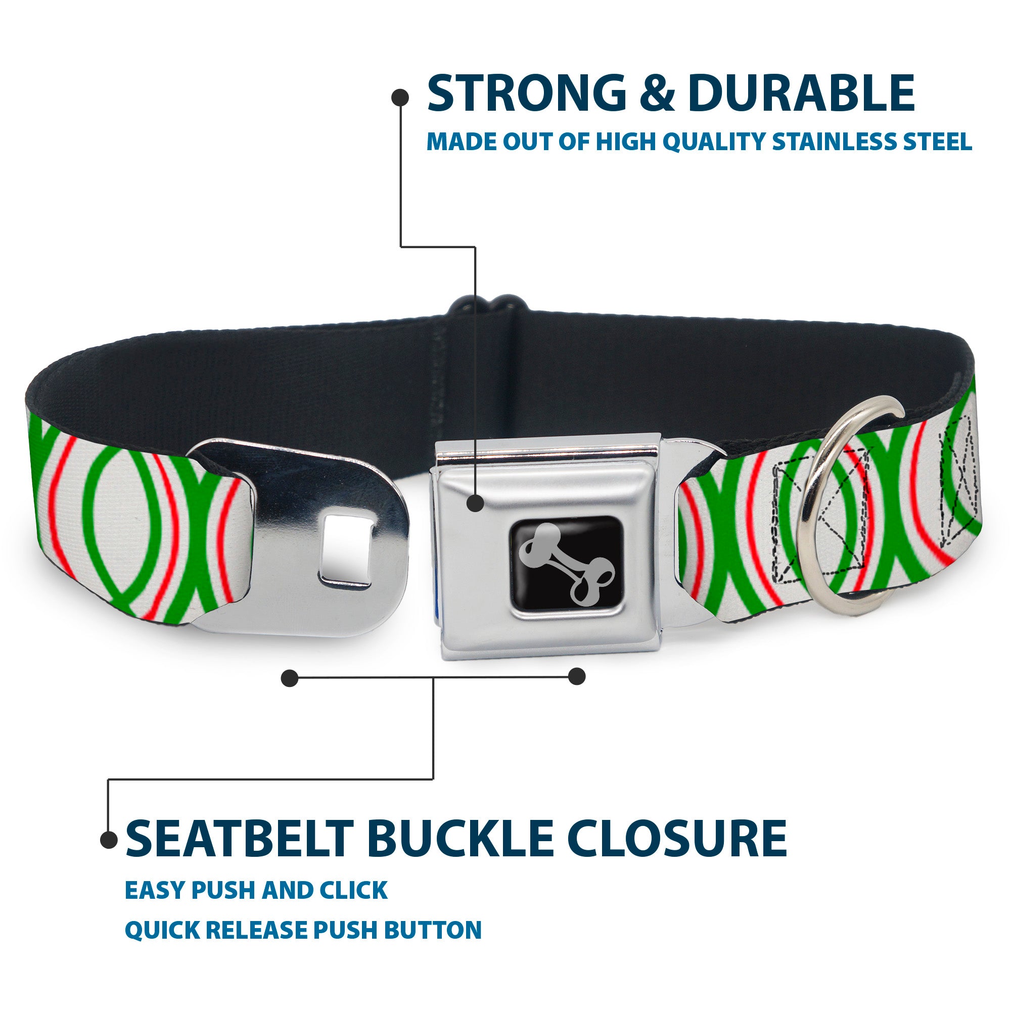 Dog Bone Seatbelt Buckle Collar - Rings White/Green/Red Seatbelt Buckle Collars Buckle-Down