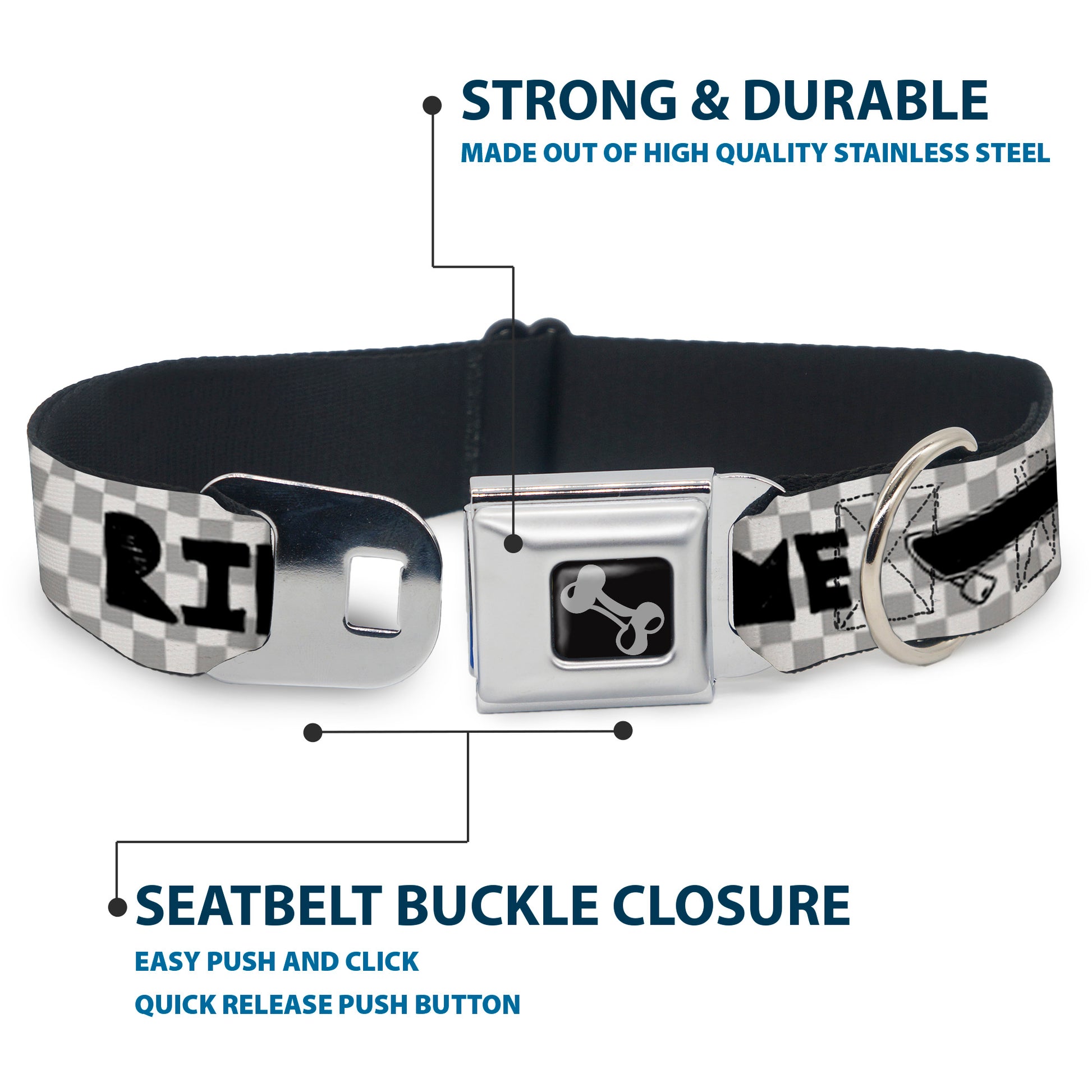 Dog Bone Seatbelt Buckle Collar - RIDE ME Skateboard w/Mini Checker White/Gray/Black Seatbelt Buckle Collars Buckle-Down