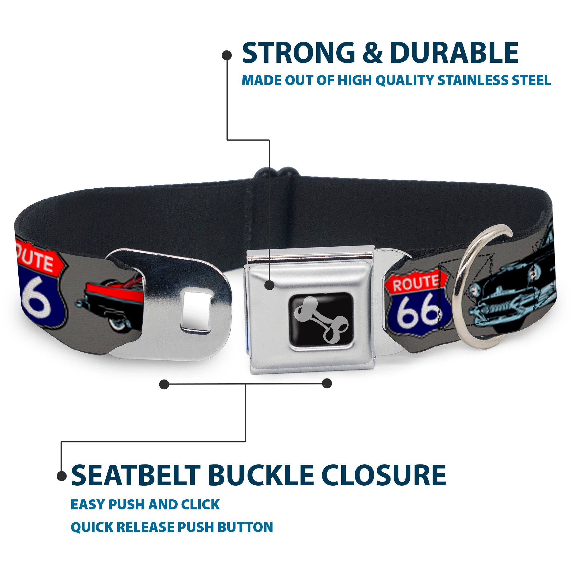 Dog Bone Seatbelt Buckle Collar - Route 66 Classics Gray Seatbelt Buckle Collars Buckle-Down
