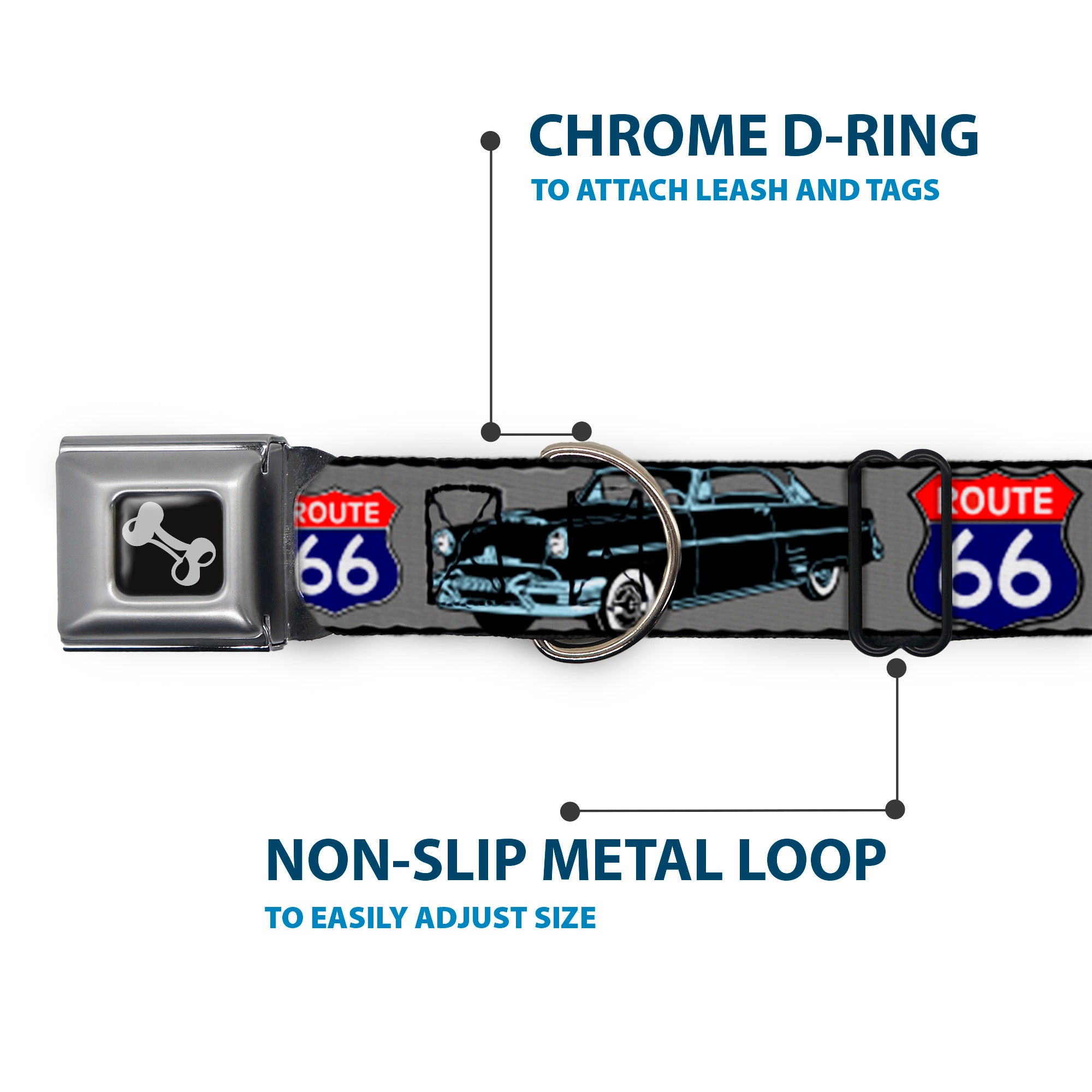 Dog Bone Seatbelt Buckle Collar - Route 66 Classics Gray Seatbelt Buckle Collars Buckle-Down