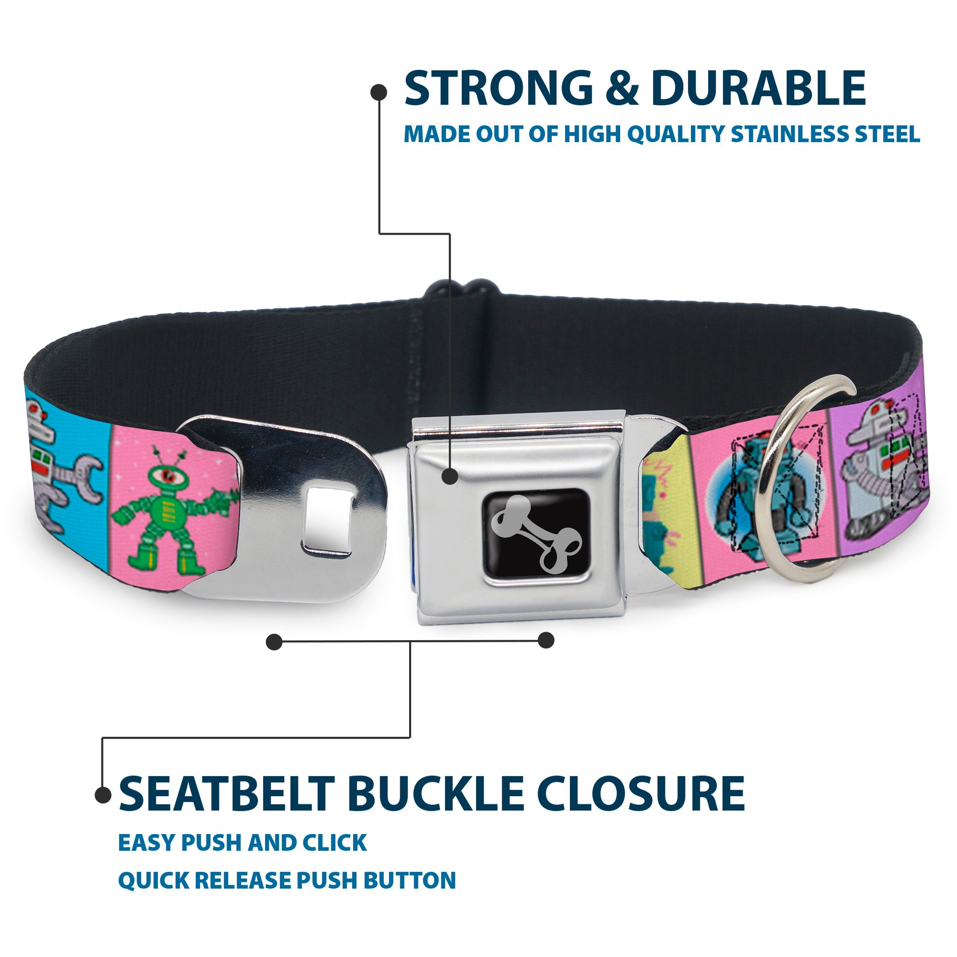 Dog Bone Seatbelt Buckle Collar - Robots Pastel Blocks Seatbelt Buckle Collars Buckle-Down