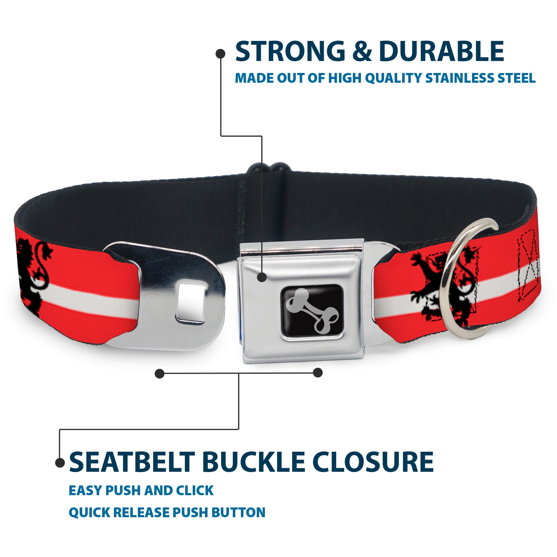 Dog Bone Seatbelt Buckle Collar - Rampant Lion Repeat/Stripes Red/White/Black Seatbelt Buckle Collars Buckle-Down