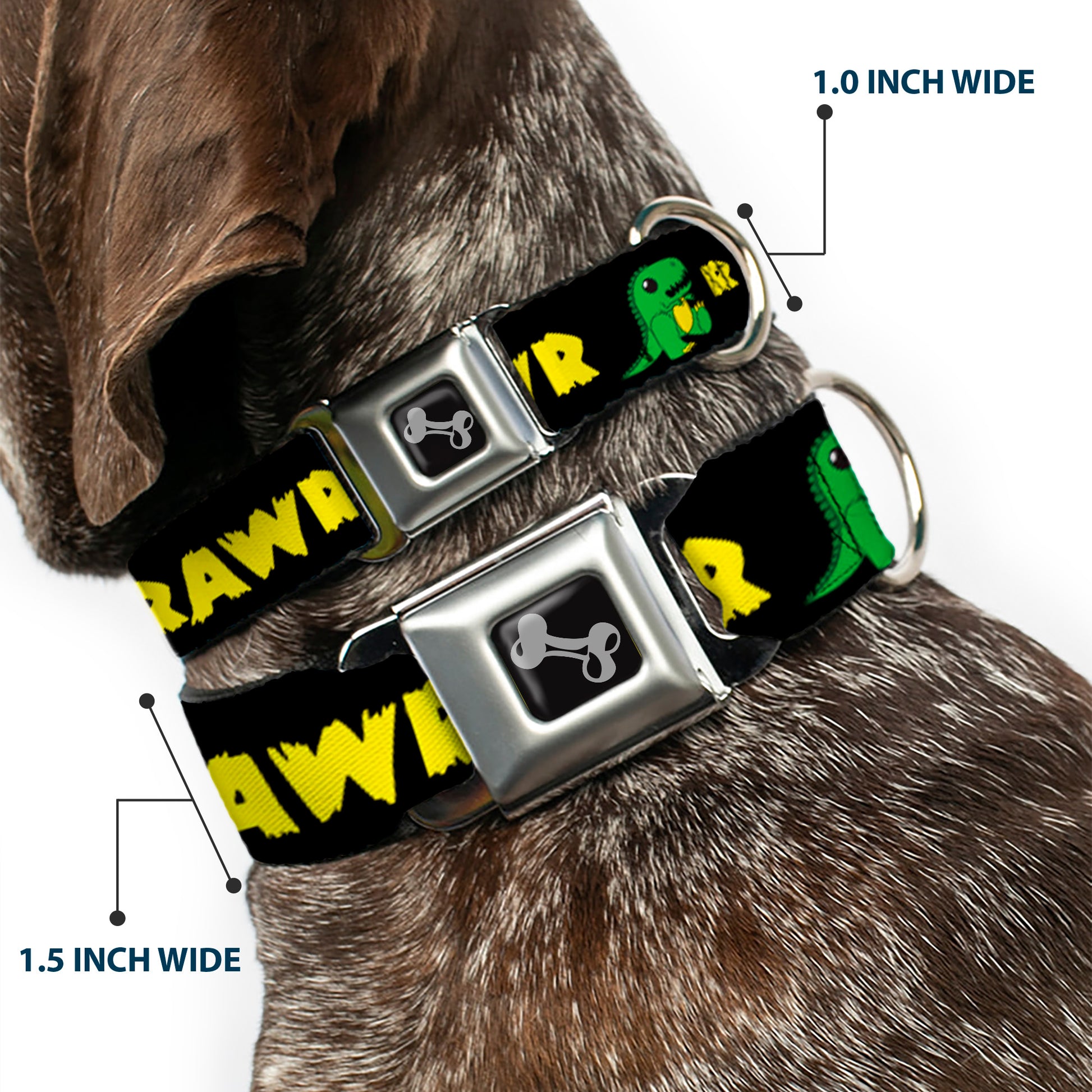 Dog Bone Seatbelt Buckle Collar - RRRAWR Dinosaur Black/Green/Yellow Seatbelt Buckle Collars Buckle-Down