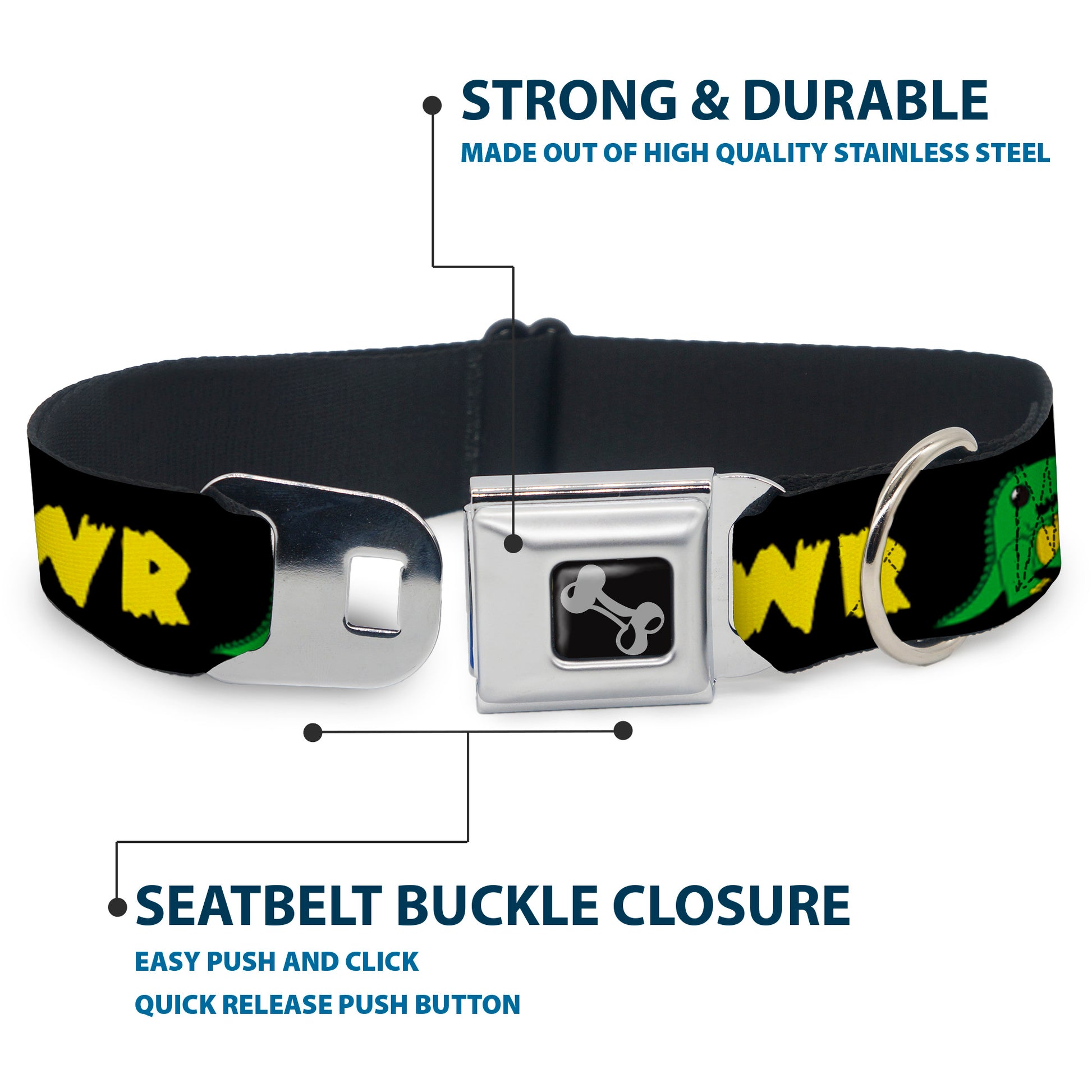 Dog Bone Seatbelt Buckle Collar - RRRAWR Dinosaur Black/Green/Yellow Seatbelt Buckle Collars Buckle-Down