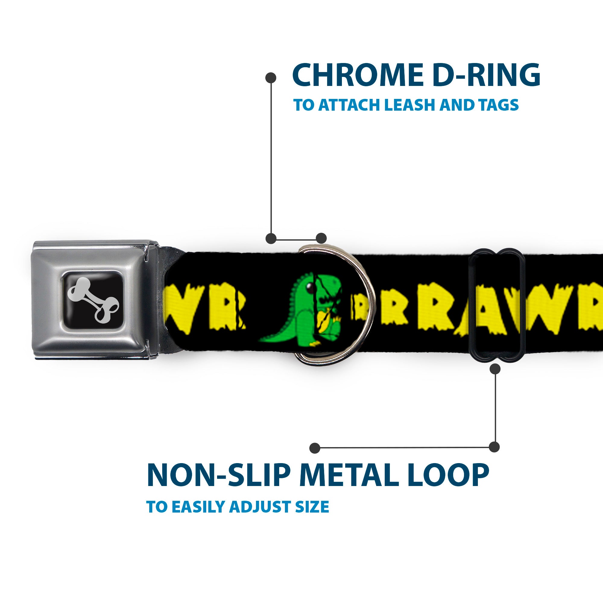 Dog Bone Seatbelt Buckle Collar - RRRAWR Dinosaur Black/Green/Yellow Seatbelt Buckle Collars Buckle-Down