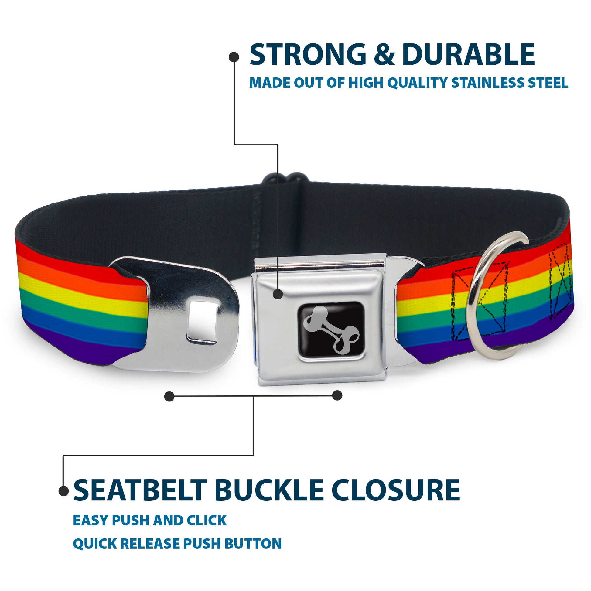 Dog Bone Black/Silver Seatbelt Buckle Collar - Rainbow Print Seatbelt Buckle Collars Buckle-Down