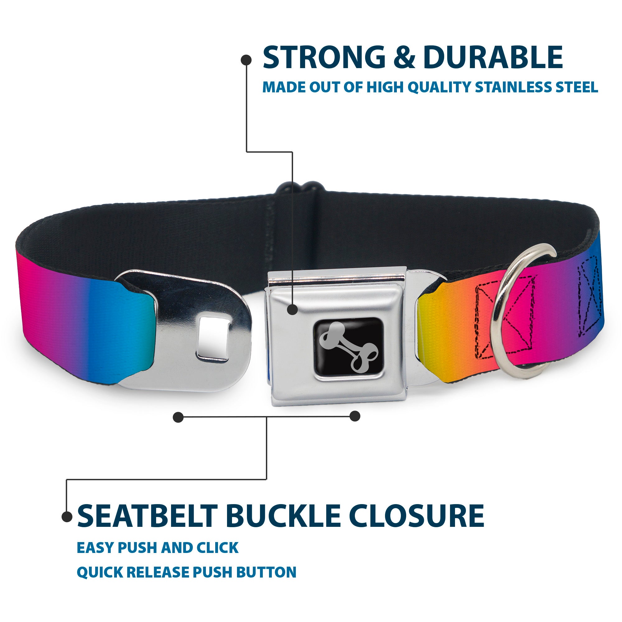 Dog Bone Black/Silver Seatbelt Buckle Collar - Rainbow Ombre Seatbelt Buckle Collars Buckle-Down