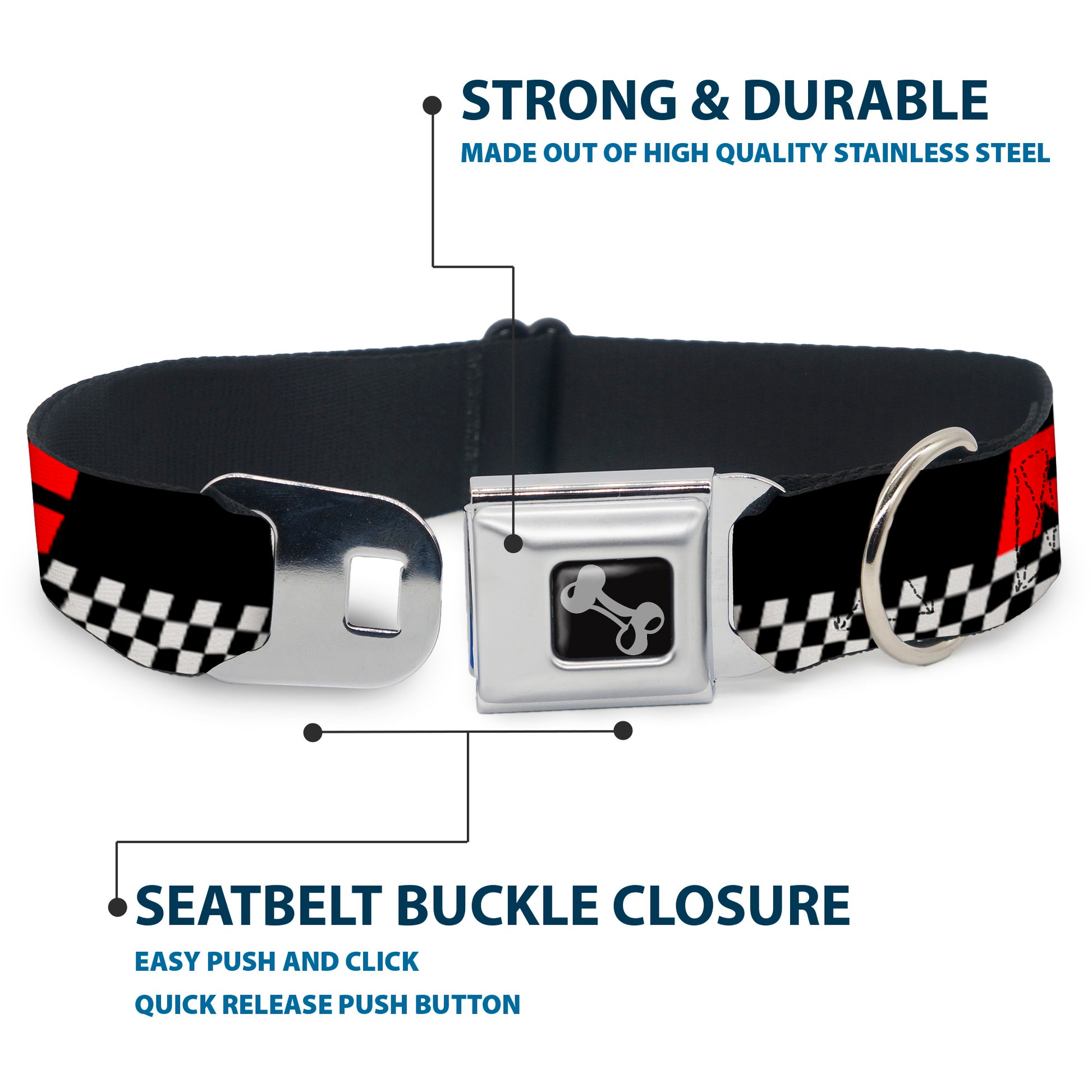 Dog Bone Seatbelt Buckle Collar - RACING w/Checker Black/White/Red Seatbelt Buckle Collars Buckle-Down