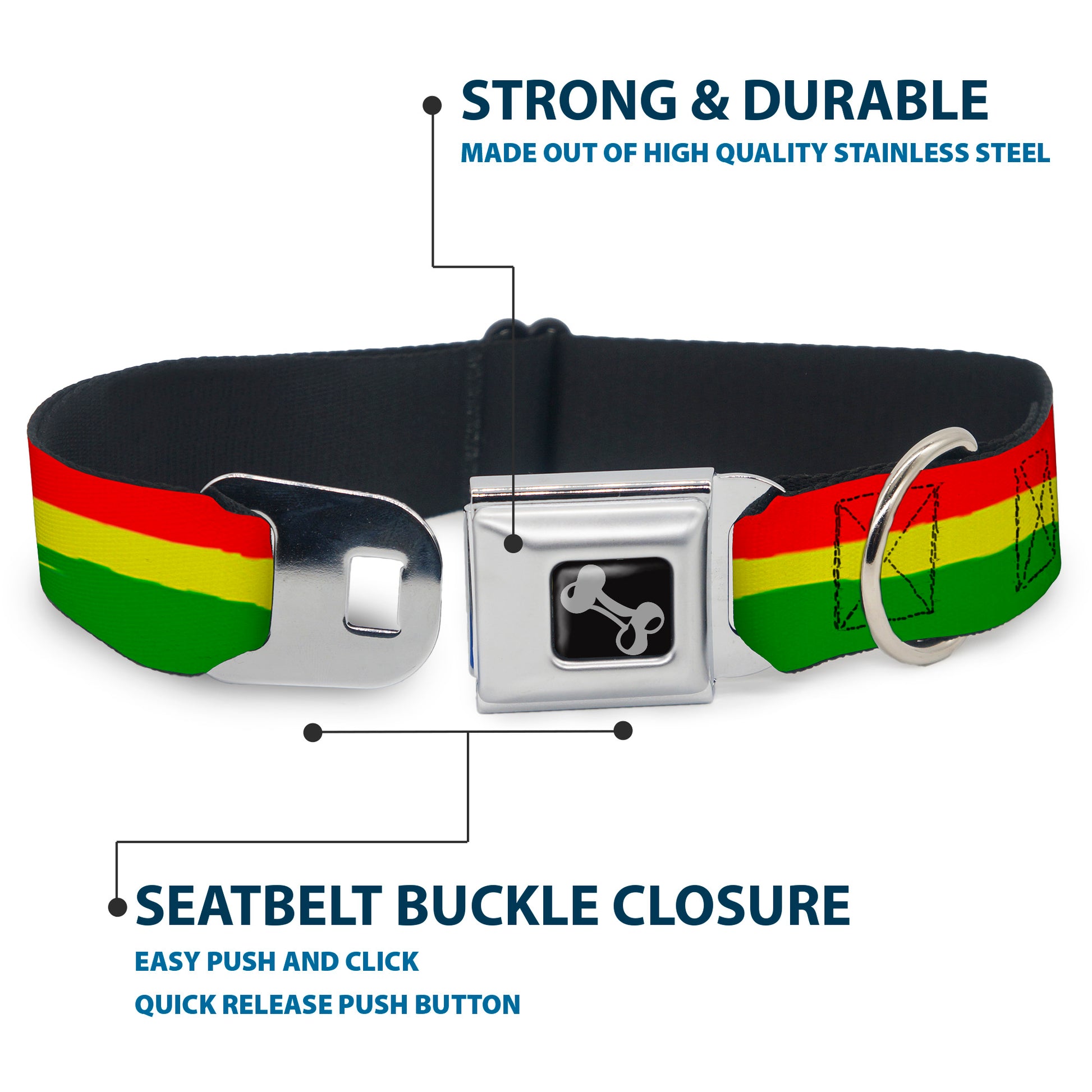 Dog Bone Seatbelt Buckle Collar - Rasta Stripes Painted Green/Yellow/Red Seatbelt Buckle Collars Buckle-Down