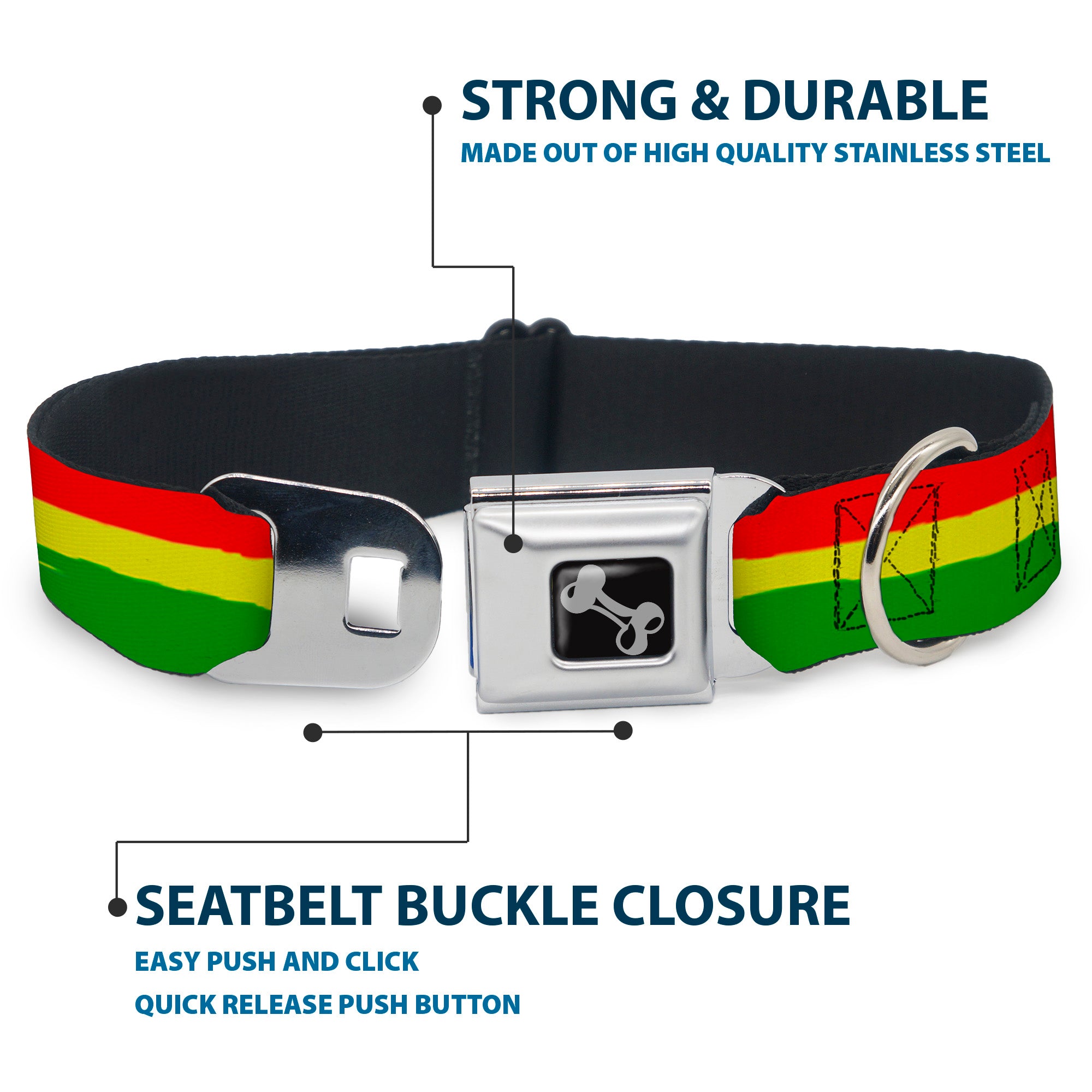 Dog Bone Seatbelt Buckle Collar - Rasta Stripes Painted Green/Yellow/Red Seatbelt Buckle Collars Buckle-Down