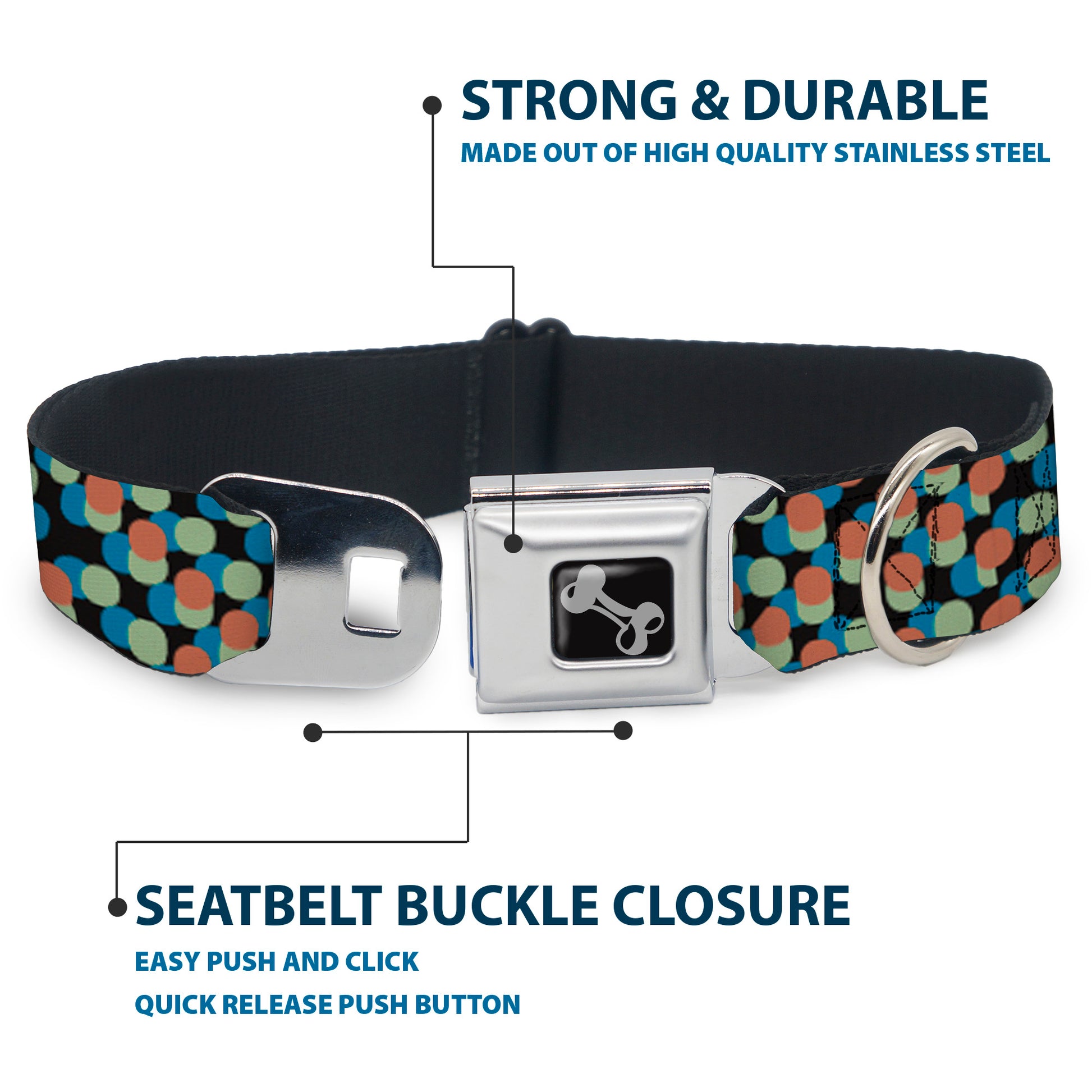 Dog Bone Seatbelt Buckle Collar - Polka Dots Stacked Black/Blue/Sage/Brown Seatbelt Buckle Collars Buckle-Down
