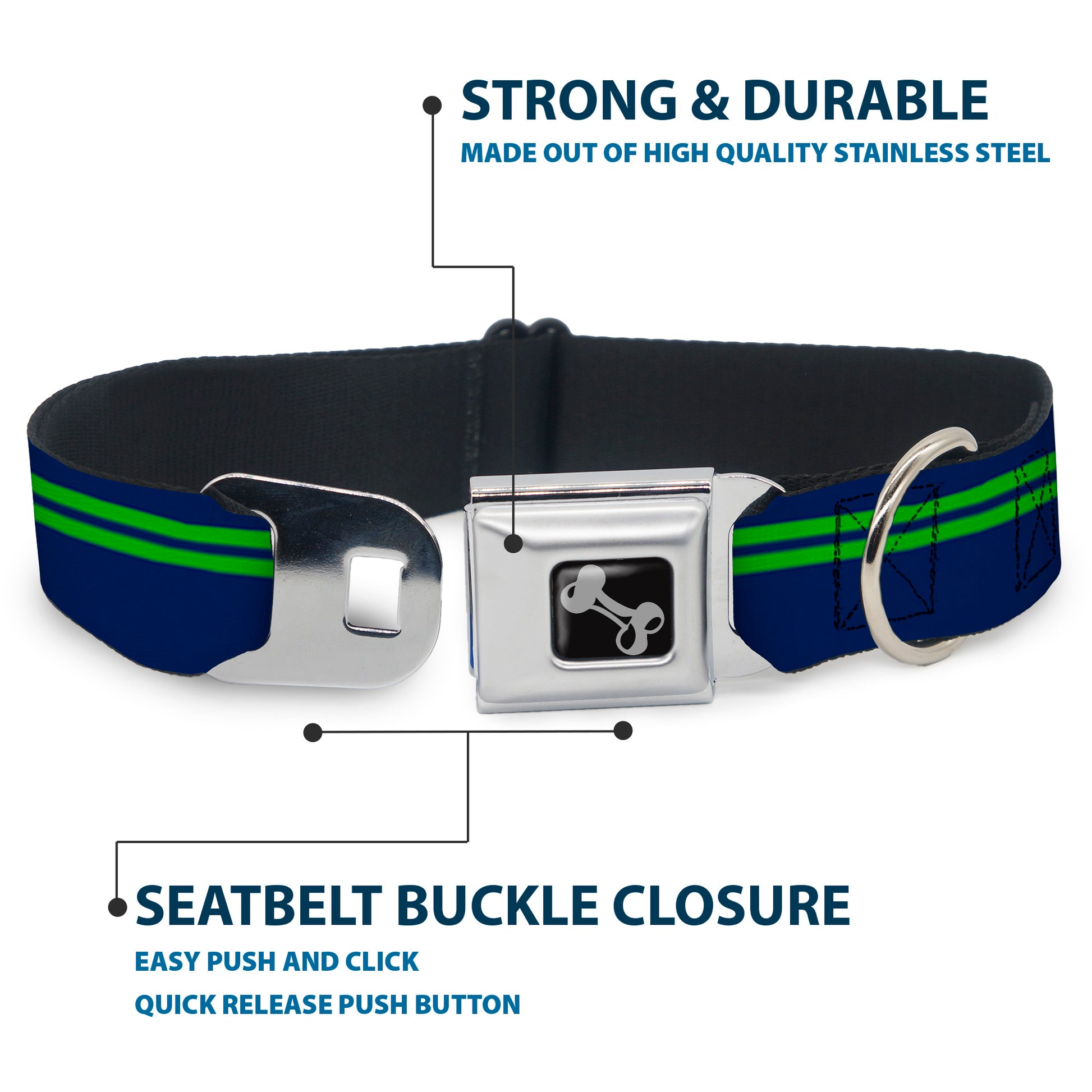 Dog Bone Seatbelt Buckle Collar - Racing Stripe Navy/Bright Green Seatbelt Buckle Collars Buckle-Down