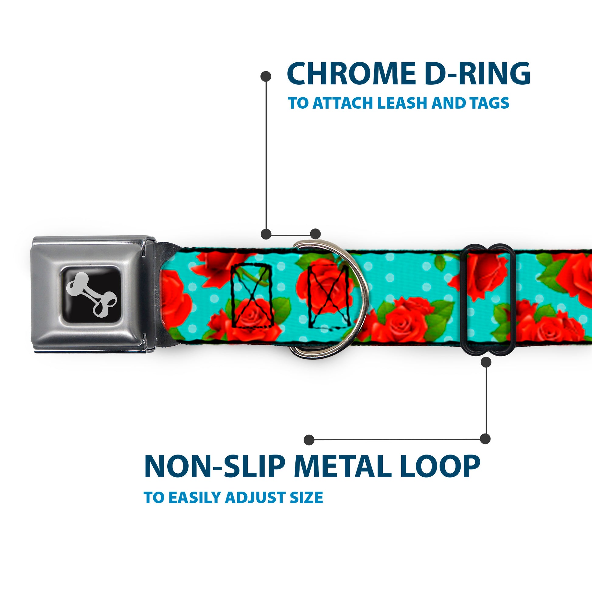 Dog Bone Seatbelt Buckle Collar - Red Roses/Polka Dots Turquoise Seatbelt Buckle Collars Buckle-Down