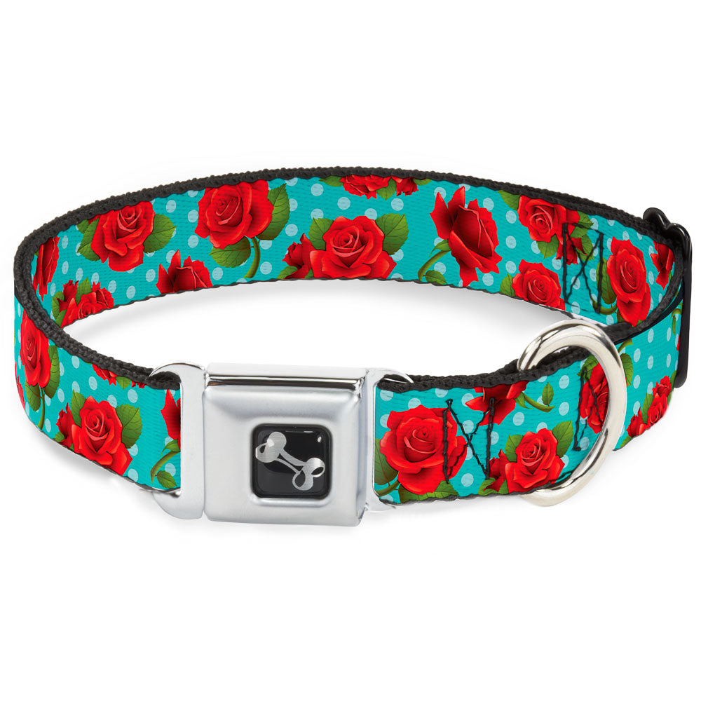 Dog Bone Seatbelt Buckle Collar - Red Roses/Polka Dots Turquoise Seatbelt Buckle Collars Buckle-Down