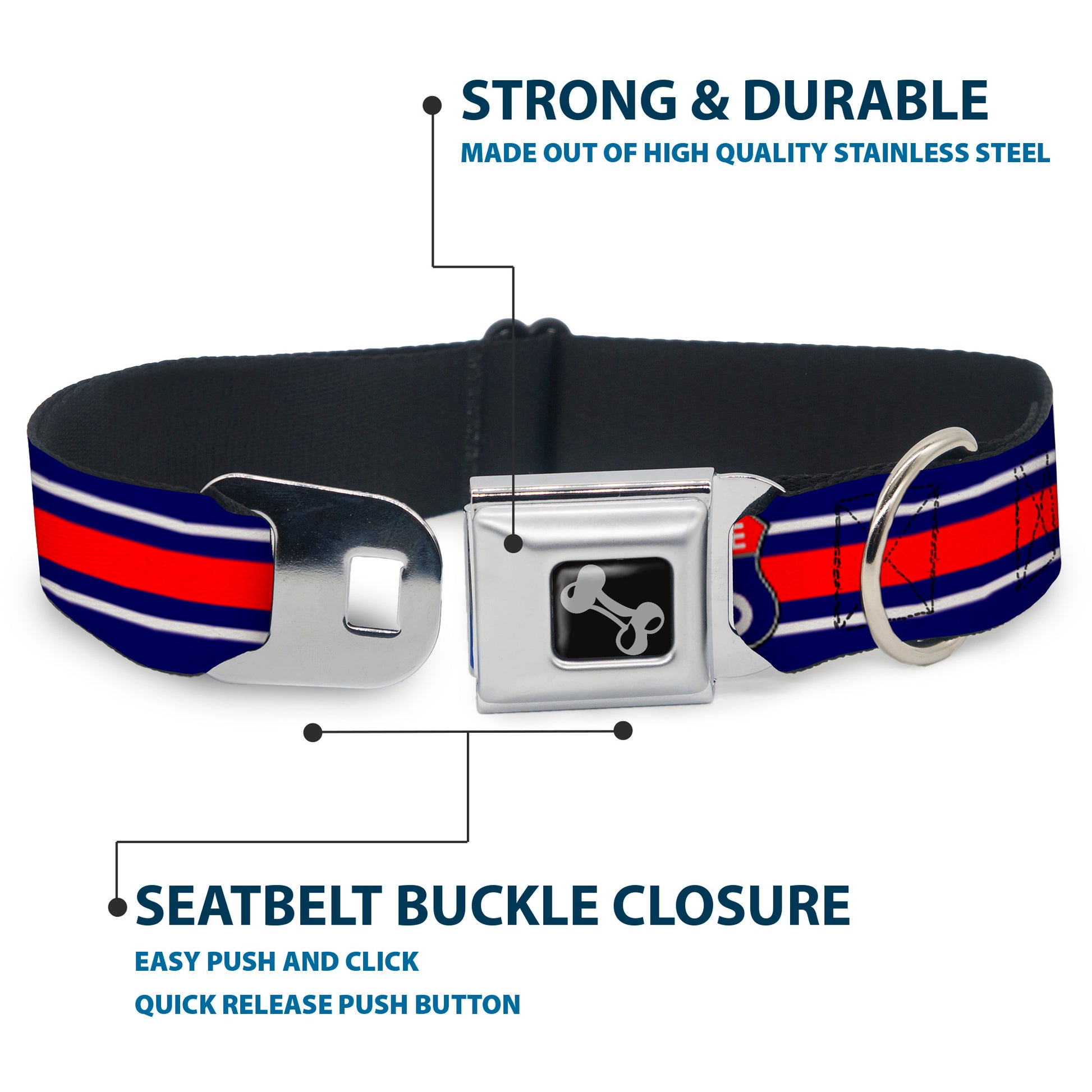 Dog Bone Seatbelt Buckle Collar - ROUTE 66 Highway Sign/Stripe Blue/White/Red Seatbelt Buckle Collars Buckle-Down