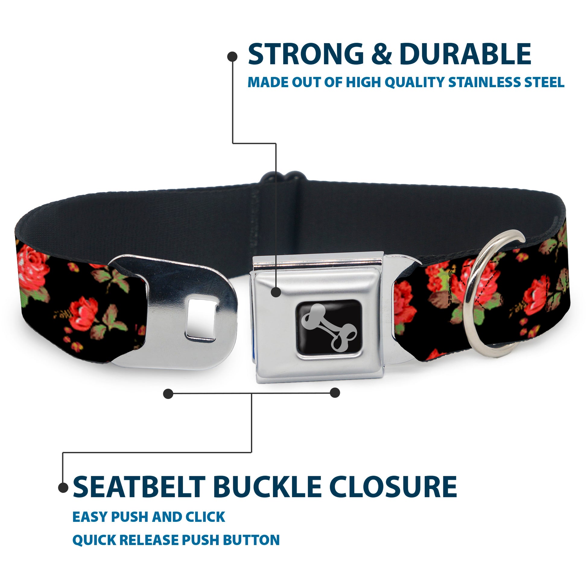 Dog Bone Seatbelt Buckle Collar - Red Roses Scattered Black Seatbelt Buckle Collars Buckle-Down