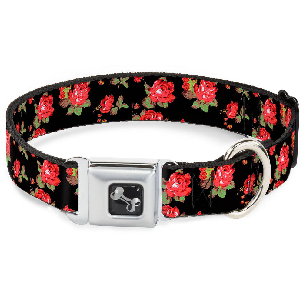 Dog Bone Seatbelt Buckle Collar - Red Roses Scattered Black Seatbelt Buckle Collars Buckle-Down