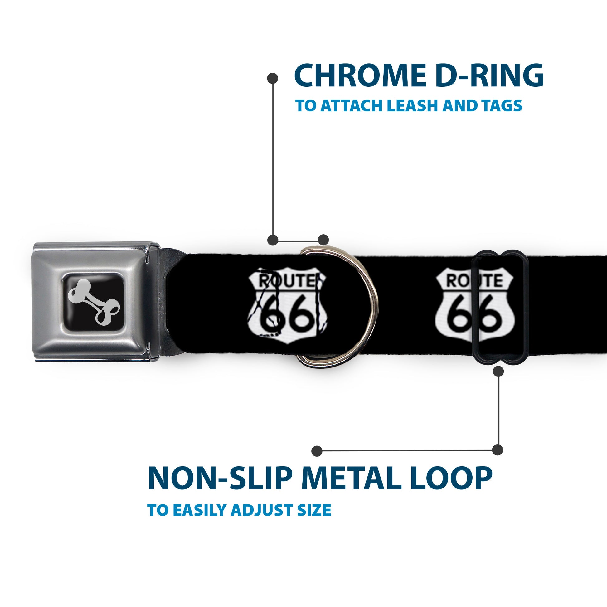 Dog Bone Seatbelt Buckle Collar - ROUTE 66 Highway Sign Repeat Black/White Seatbelt Buckle Collars Buckle-Down