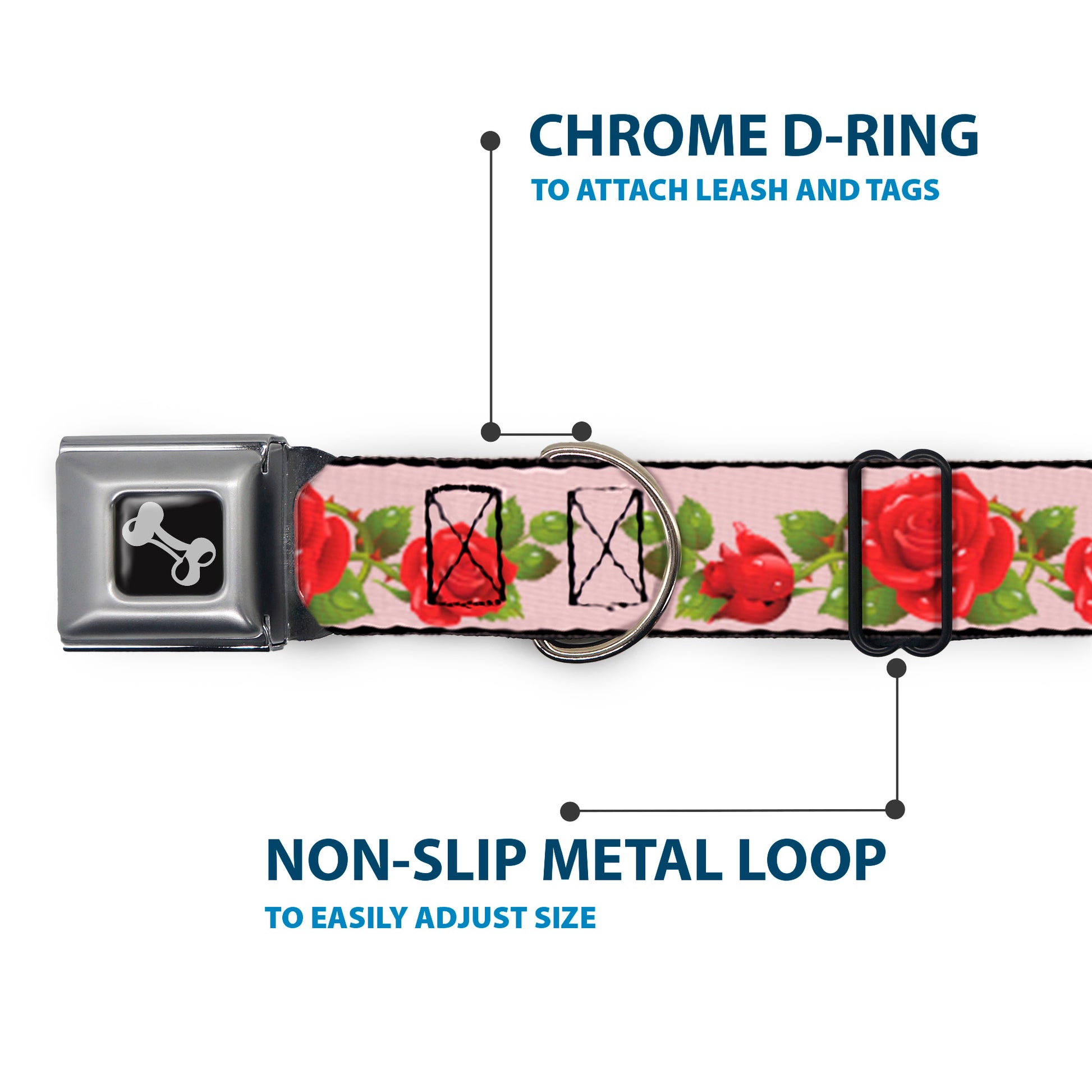 Dog Bone Seatbelt Buckle Collar - Rose Trio/Leaves Pink Seatbelt Buckle Collars Buckle-Down