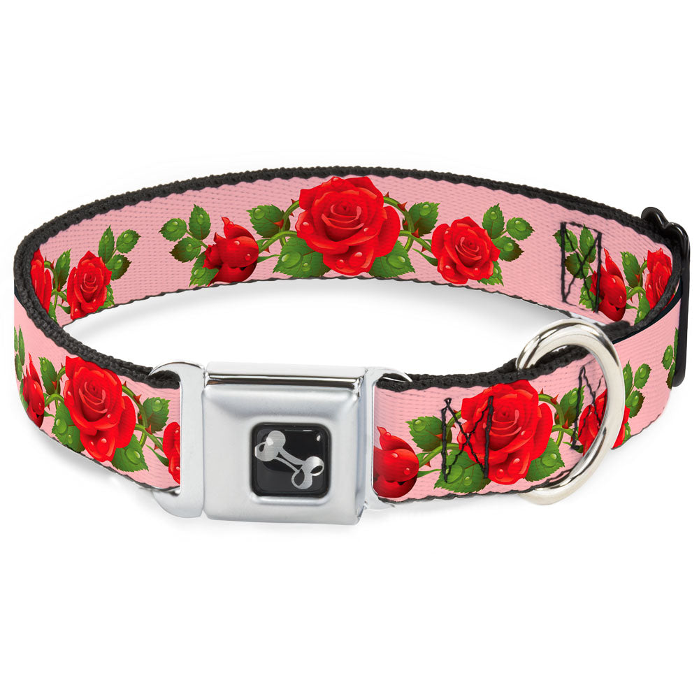 Dog Bone Seatbelt Buckle Collar - Rose Trio/Leaves Pink Seatbelt Buckle Collars Buckle-Down