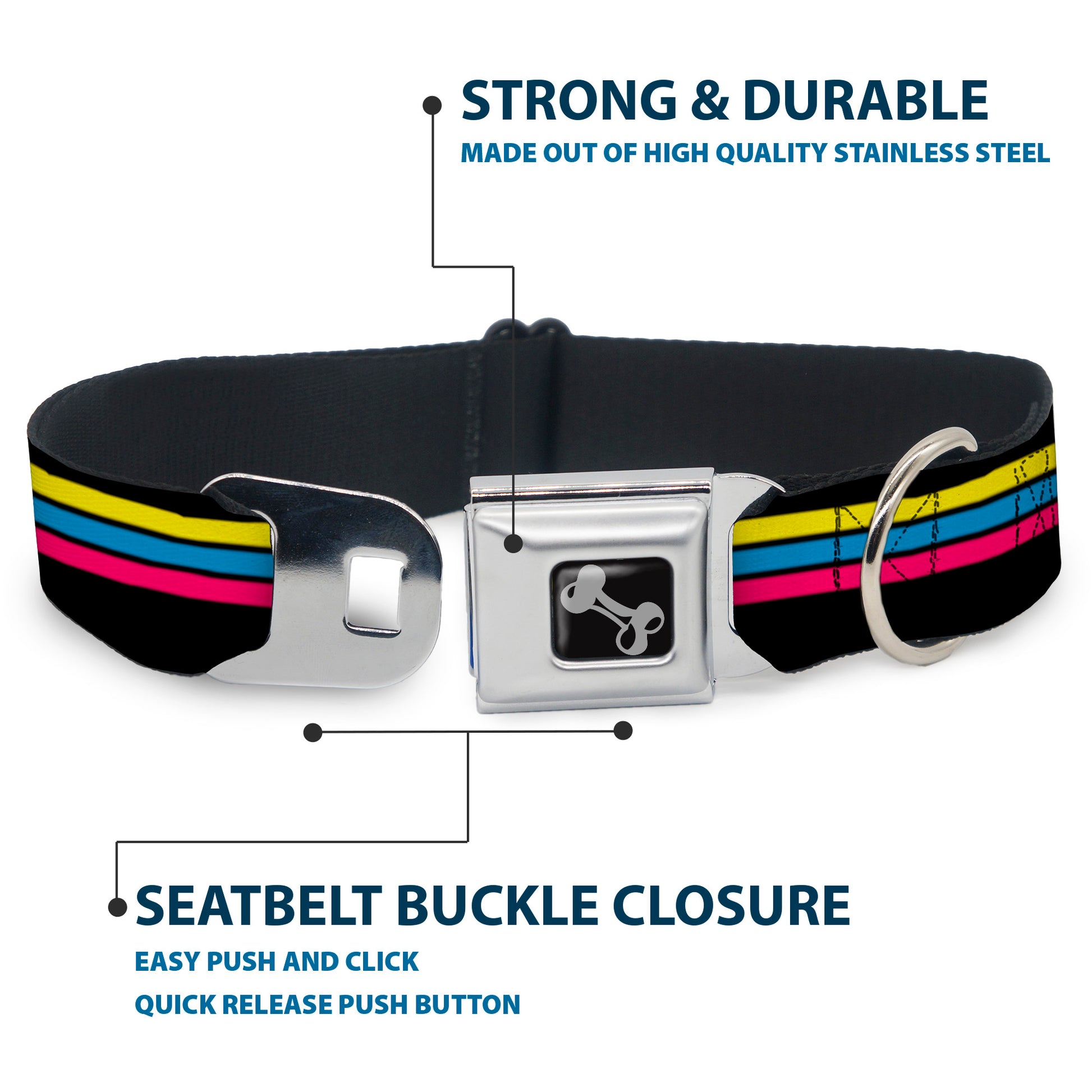 Dog Bone Black/Silver Seatbelt Buckle Collar - Racing Stripes Black/Yellow/Blue/Pink Seatbelt Buckle Collars Buckle-Down