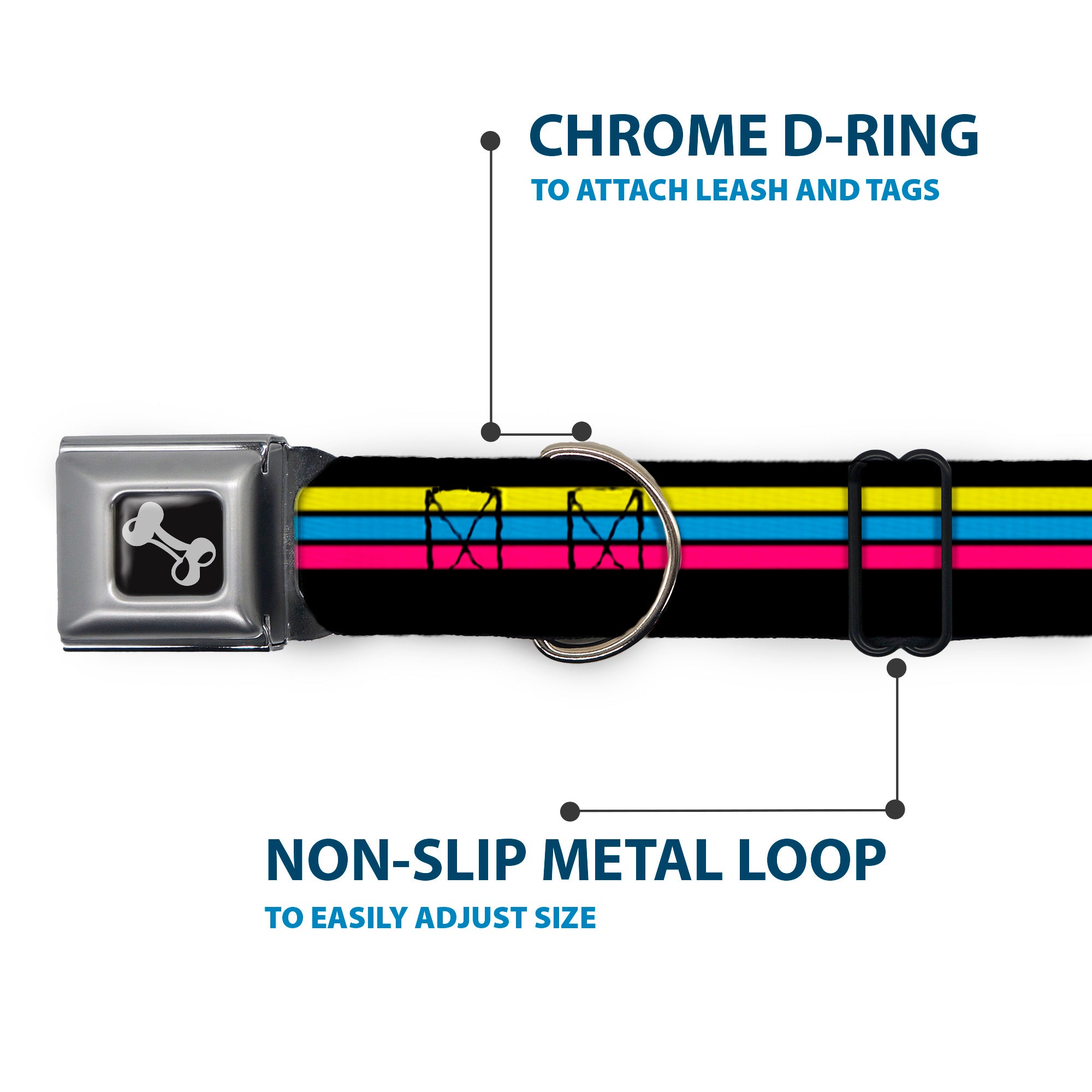 Dog Bone Black/Silver Seatbelt Buckle Collar - Racing Stripes Black/Yellow/Blue/Pink Seatbelt Buckle Collars Buckle-Down